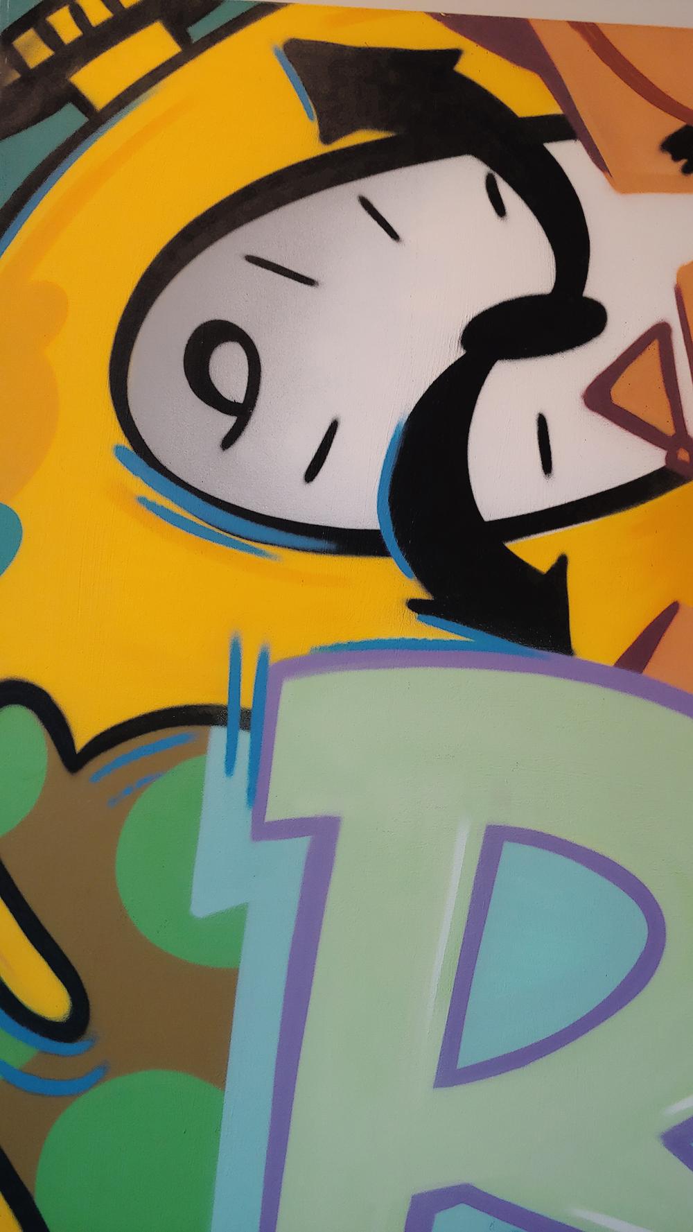 Grande tela 66x82 dipinta con acrilico e vernice spray dalla leggenda dei graffiti di New York CRASH - Abstract Painting Beige di John Crash Matos