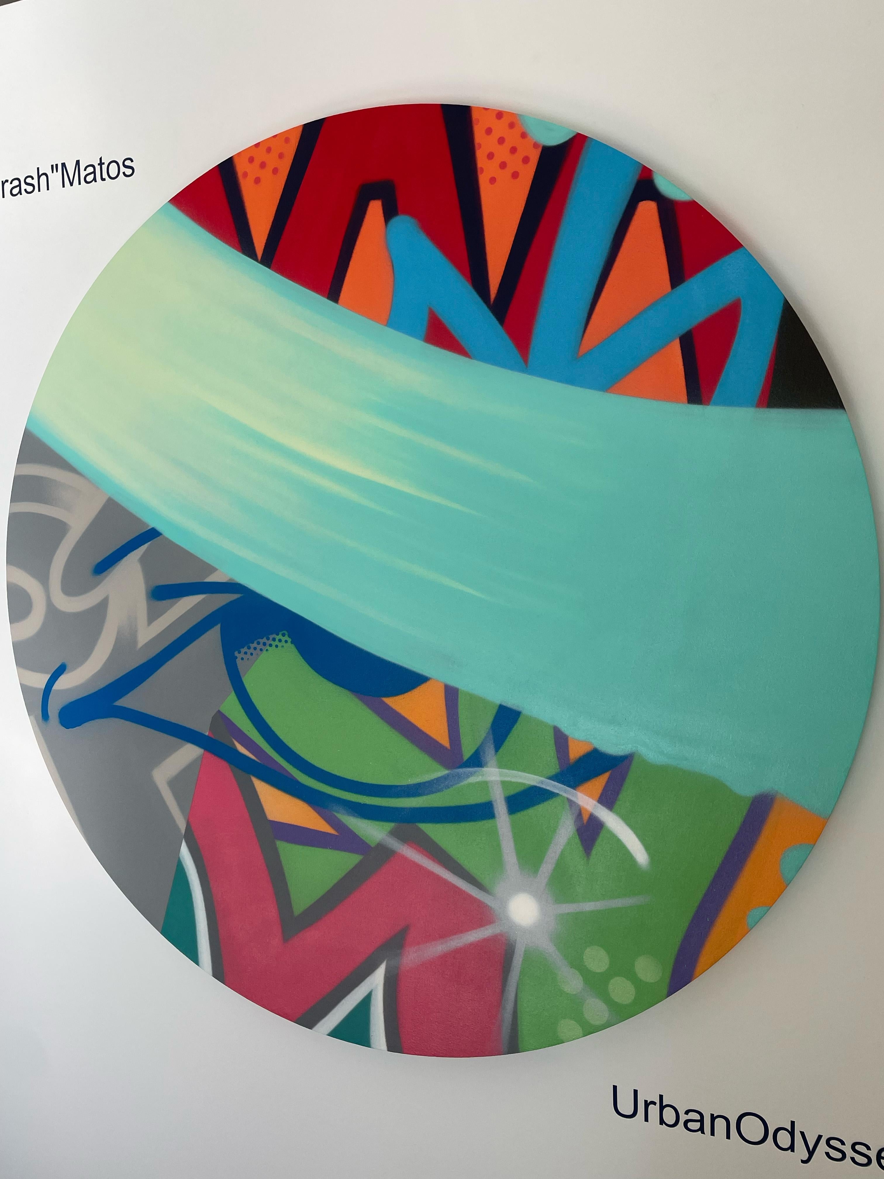 Sprühfarbe/Graffiti/Street Art/Pop_Round Canvas_John „CRASH“ Matos, Revision (Grau), Figurative Painting, von John Crash Matos
