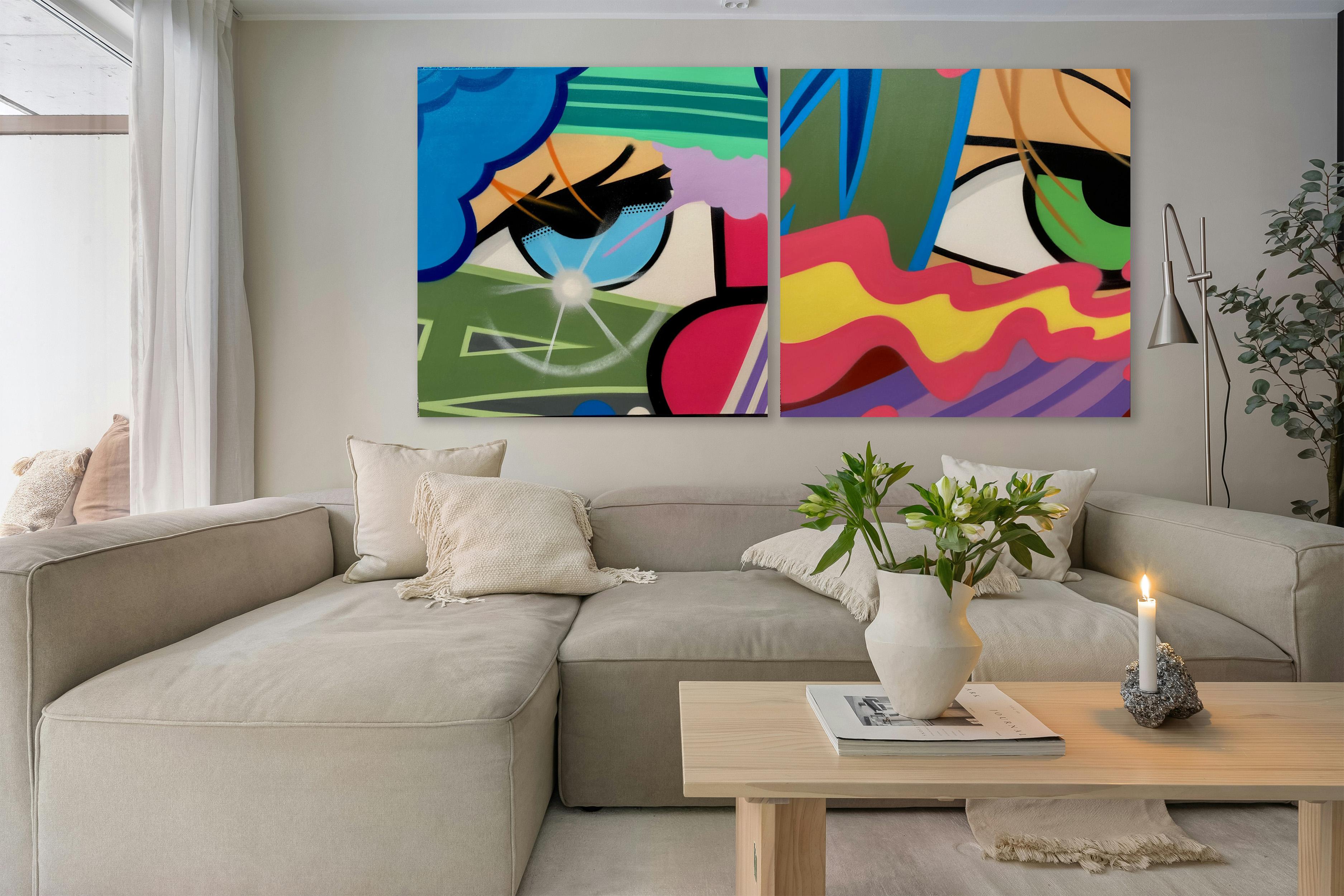 Sechs einzigartige Leinwände von John 'CRASH' Matos, die jeweils 36 x 36 Zoll groß sind. 

