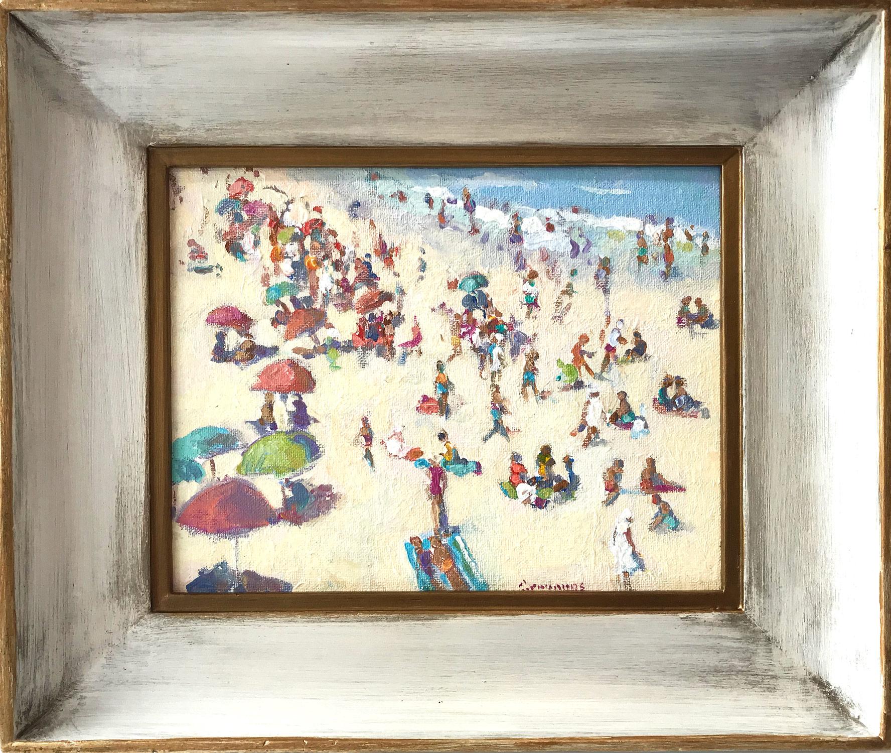 John Crimmins Figurative Painting - "Aerial View of a Day at the Beach" Colorful Post-Impressionist Oil Painting