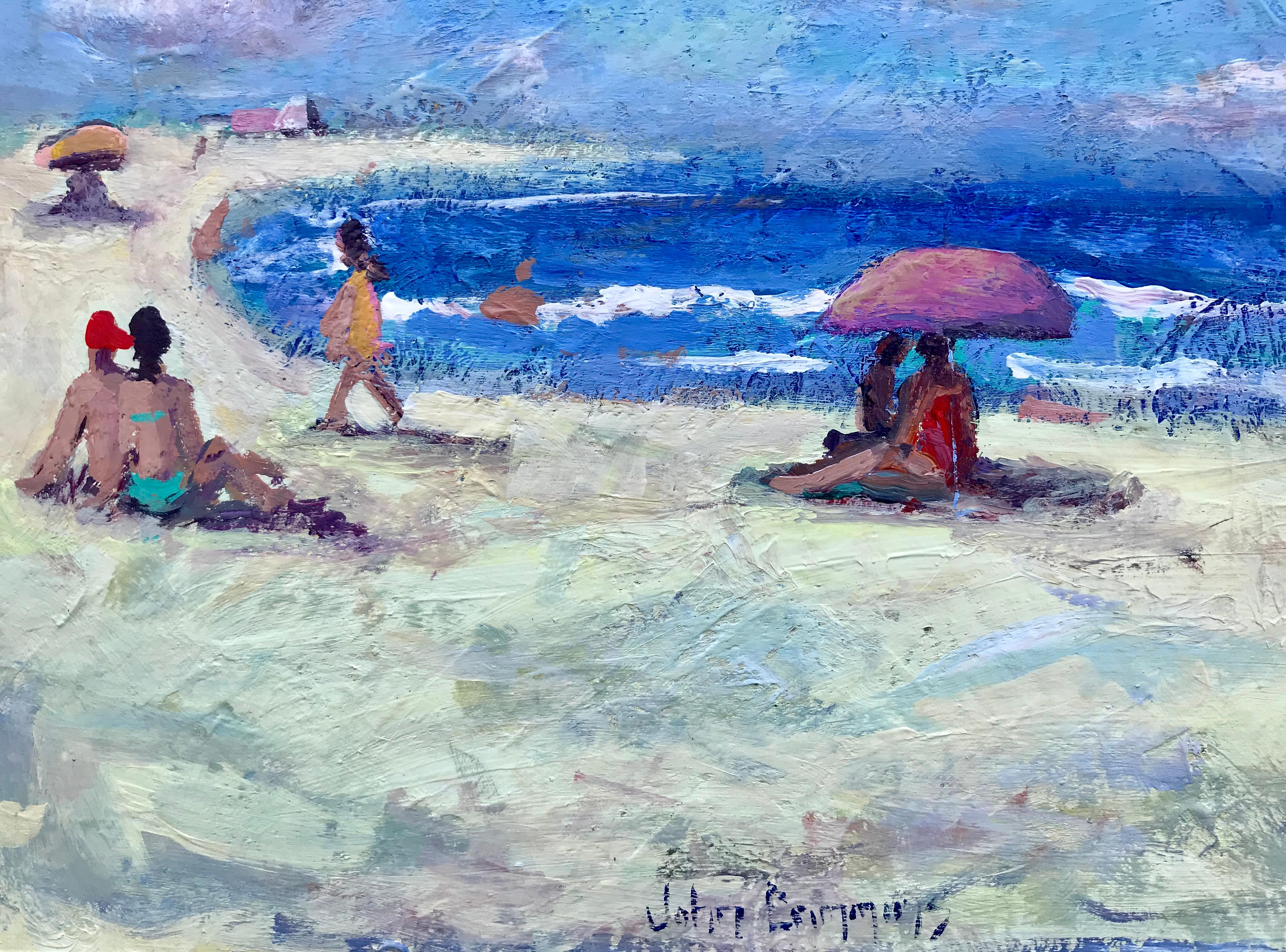 Pintura acrílica sobre tabla del conocido artista neoyorquino John Crimmins.  Firmado abajo en el centro y firmado también en el verso.  John Crimmins es muy conocido por sus escenas de playa, en este caso la playa de Cooper en Southampton, Nueva