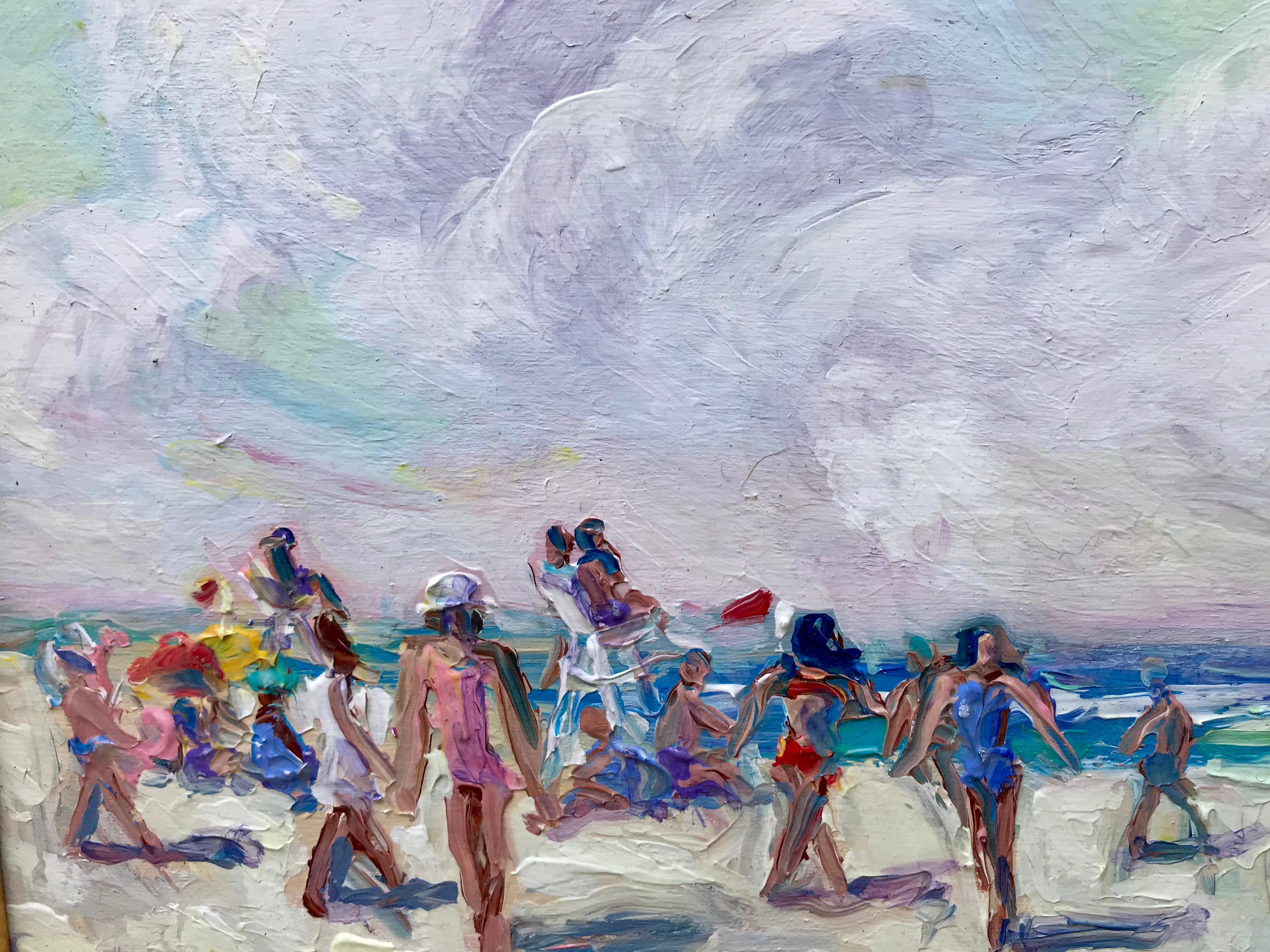 “Cooper’s Beach, Southampton” - Brown Figurative Painting by John Crimmins