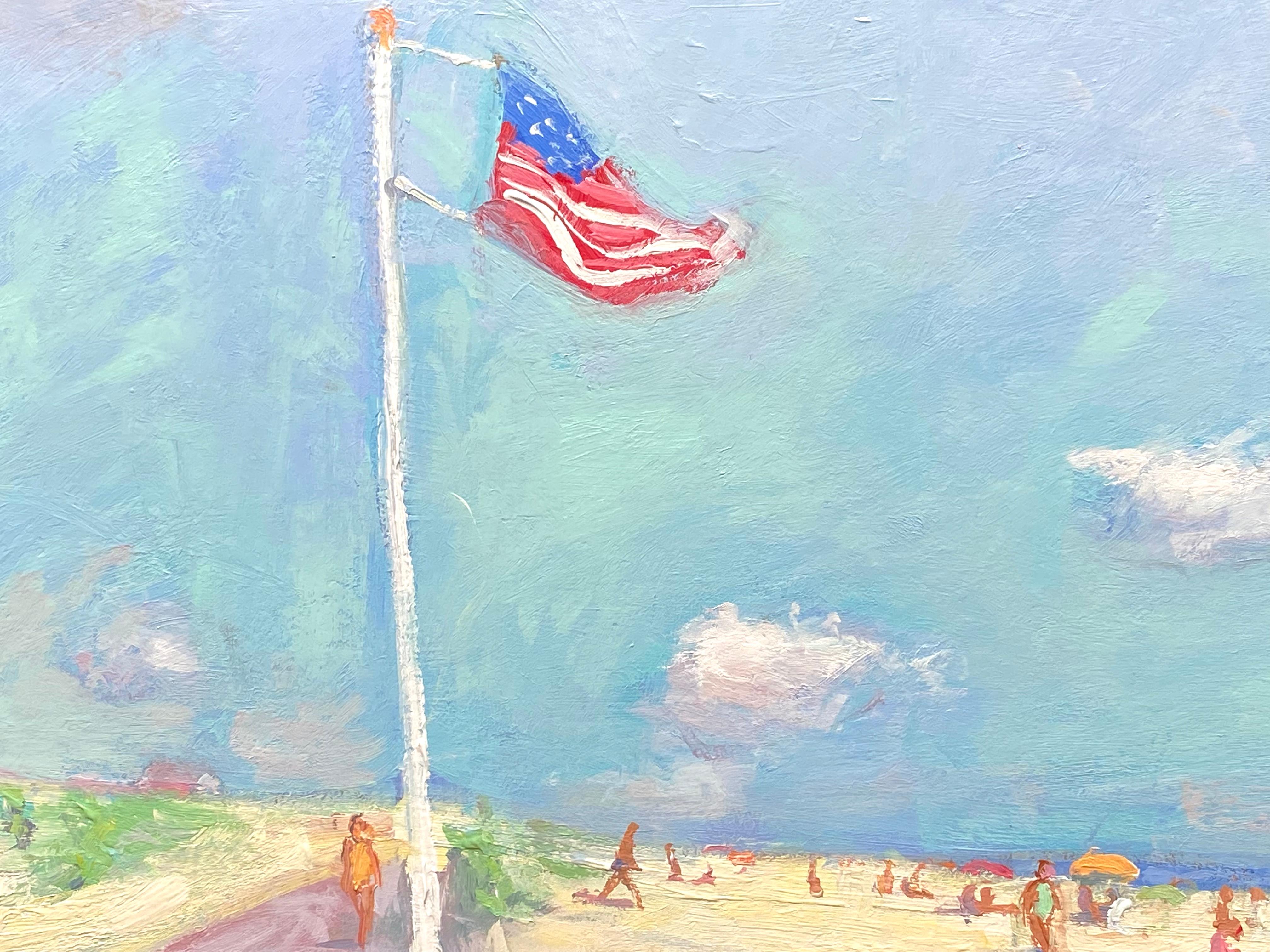 Here for your consideration is a recently completed painting by the well known Hampton’s artist, John Crimmins. Signed middle bottom. Acrylic paint on board. The painting depicts Cooper’s Beach, the main beach in the village of Southampton, New