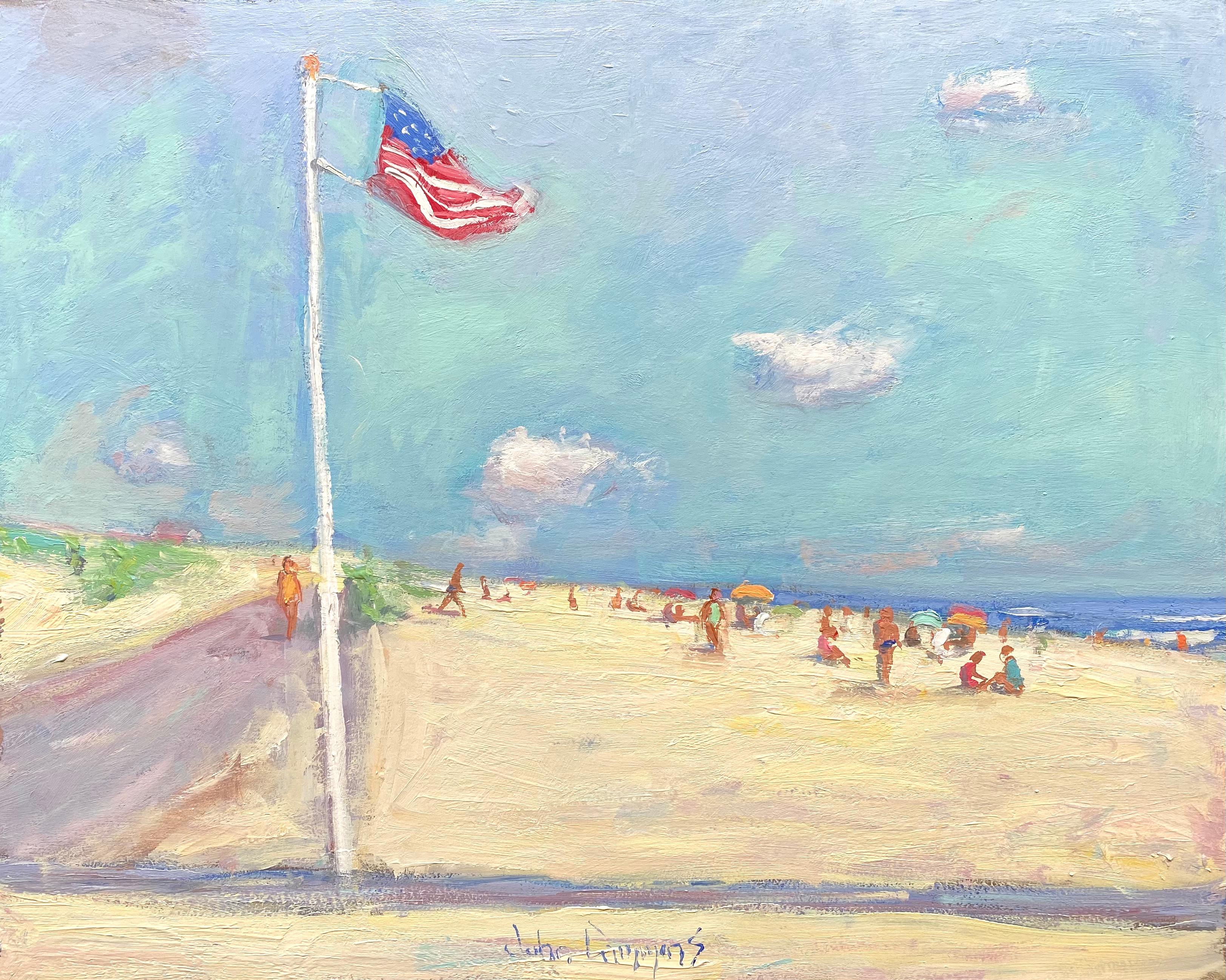 John Crimmins Figurative Painting - “Flag at Cooper’s Beach”