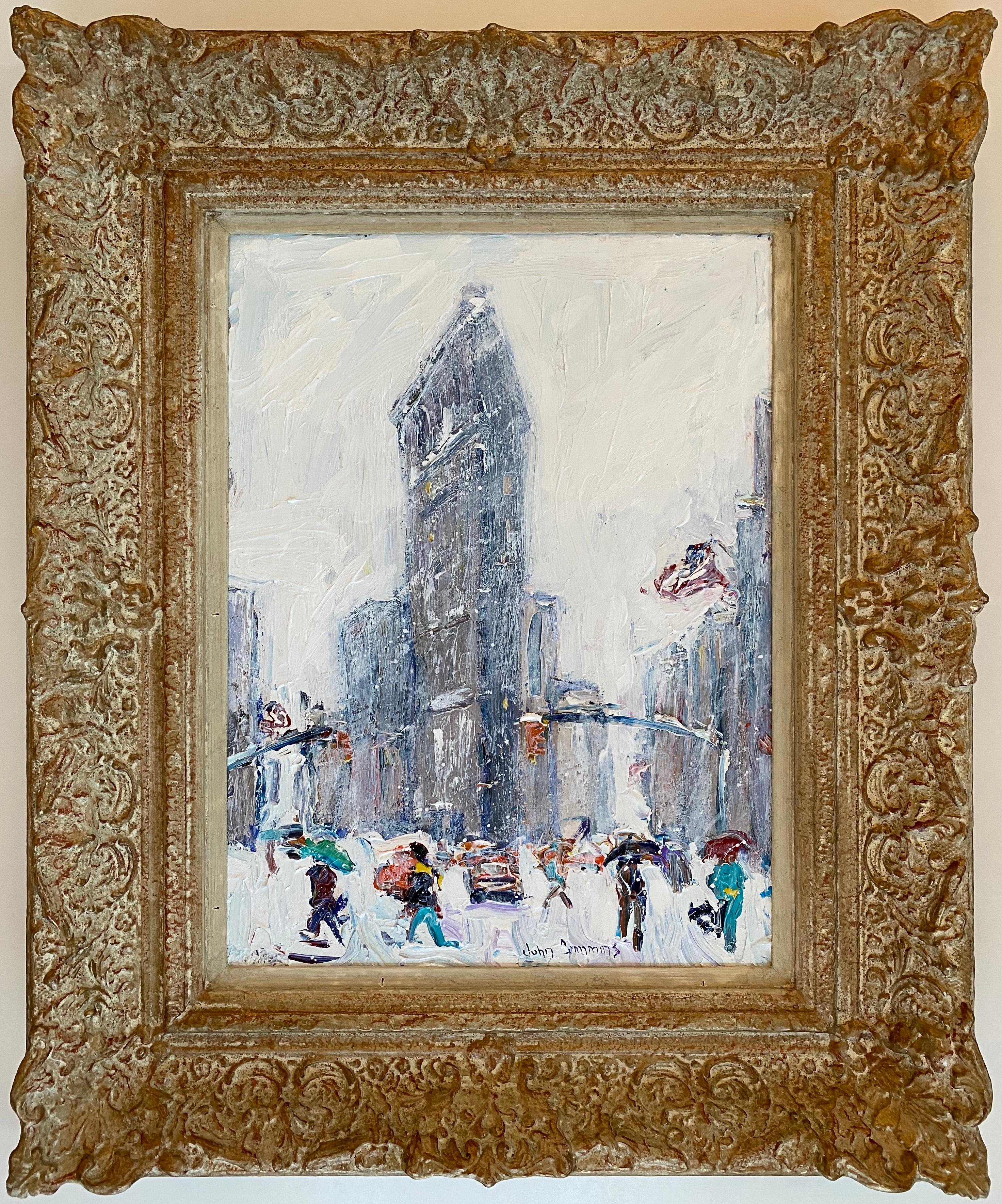 Beautiful acrylic on board painting of the iconic Flatiron Building in New York City in a winter snowstorm.  Signed middle bottom.  Condition is excellent.  Recently completed in 2020.  Overall measurements 23.25 by 19.25 framed in a antique style