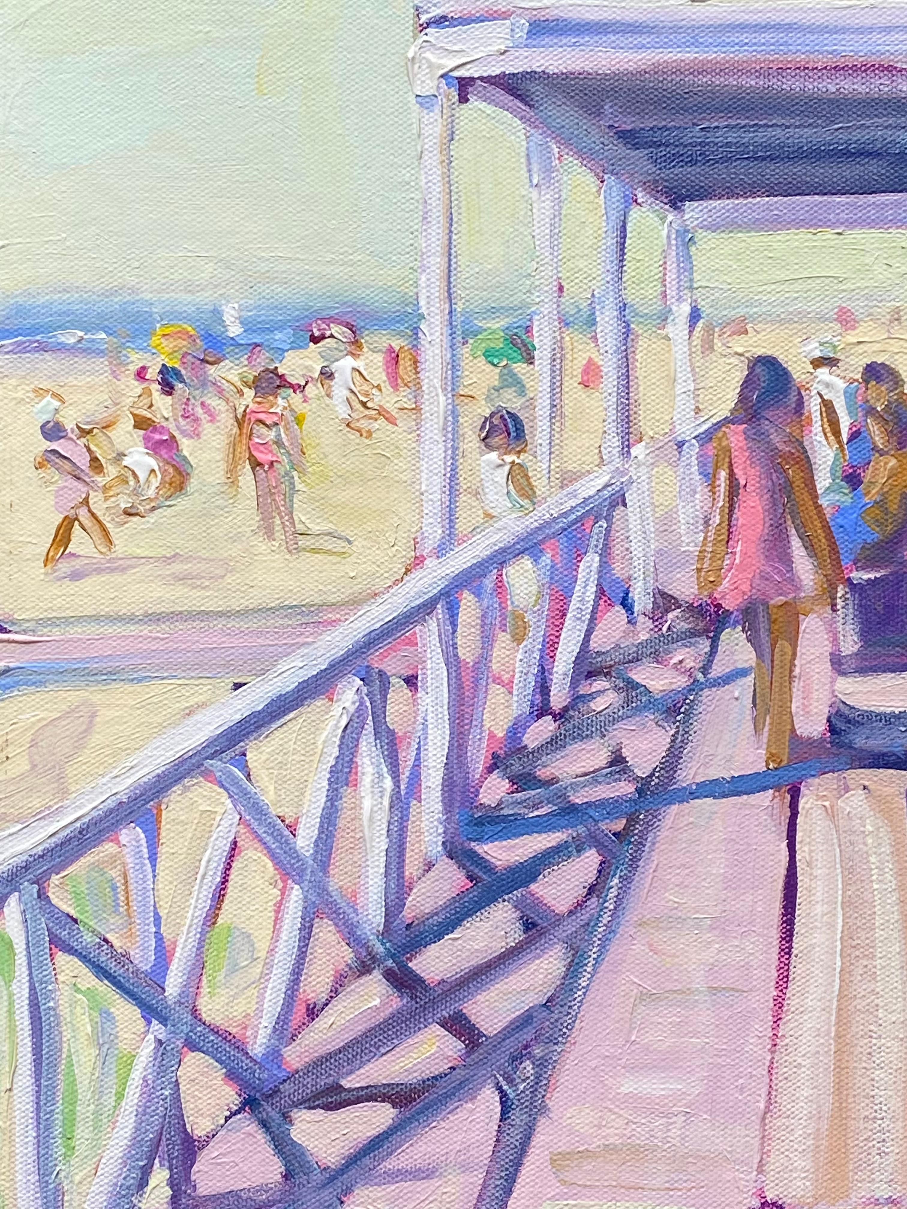 Peinture acrylique originale sur toile du pavillon emblématique de Cooper's Beach à Southampton, New York, par l'artiste bien connu de Hampton, John Crimmins. Signé par l'artiste en bas à droite. Exécuté en 2017.. L'état est excellent. Le tableau