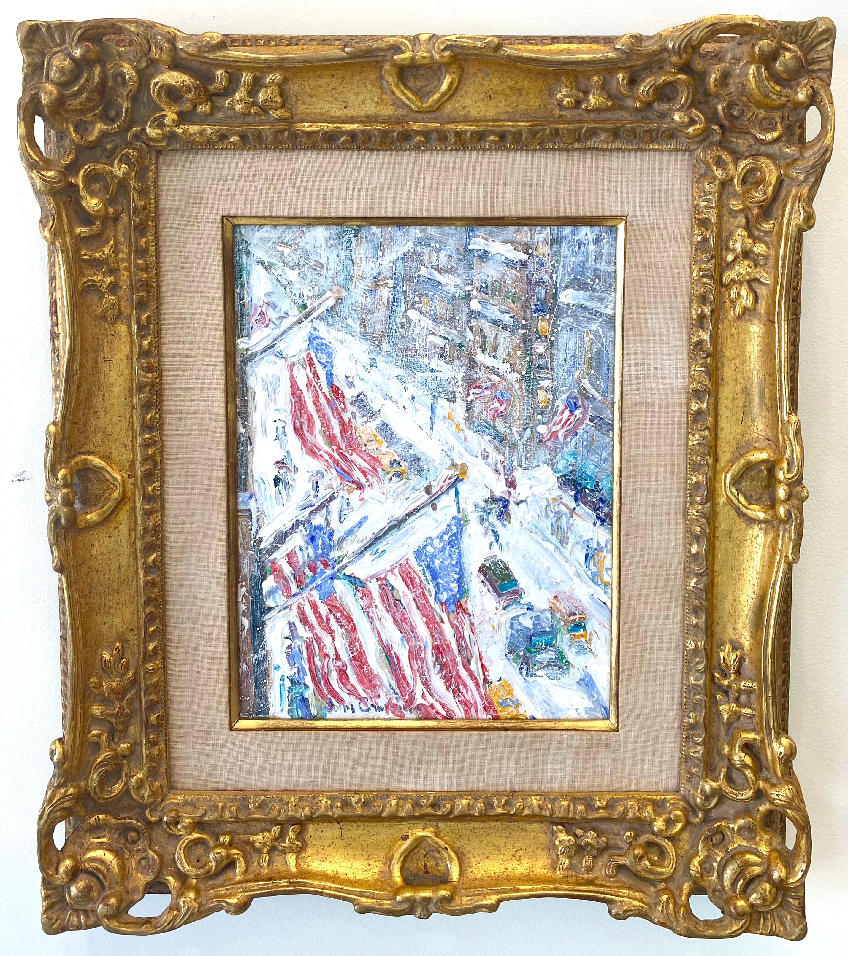 Beautiful, original acrylic on board painting by the well known Hampton artist, John Crimmins. Signed lower left. Condition is excellent.  The scene depicts Fifth Avenue in New York City on a snowy evening with flags flying and snow swirling. Framed
