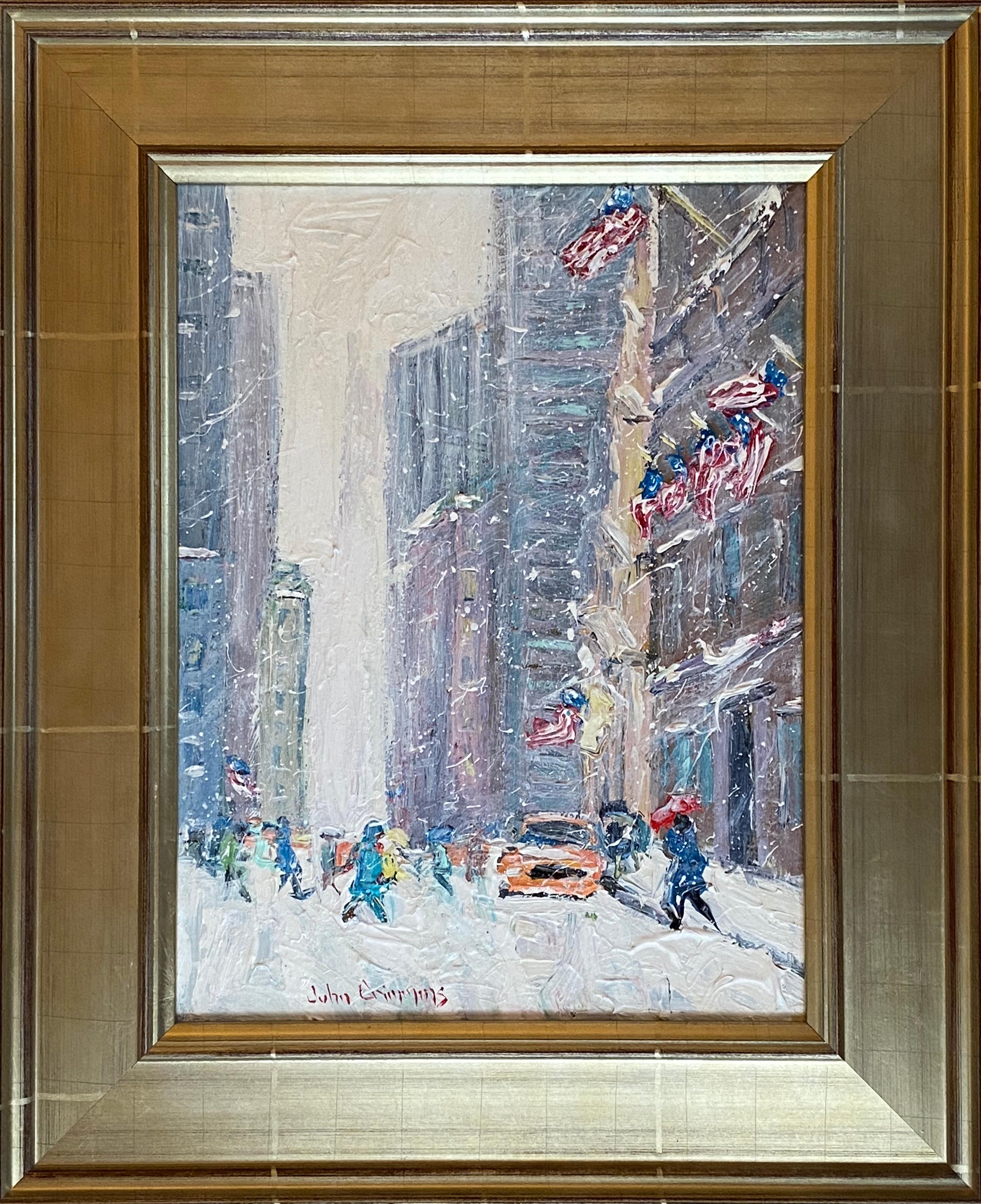 Beautiful acrylic on board painting of the neighborhood near Saint Patrick’s Cathedral in New York City in a winter snowstorm.  In the painting Saint Patrick’s Cathedral is the second building in on the right side of the artwork.  Signed lower left.