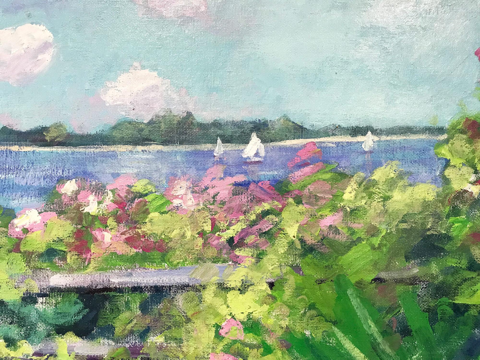Crimmins is known for his colorfully playful and whimsical impressionistic scenes from the 20th Century. This painting is a wonderful display of his charming paints with a view of sailboats over a courtyard garden setting with plush flowers near a