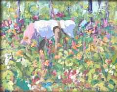 "Afternoon in Courtyard Garden" Post-Impressionist Oil Painting on Canvas Board