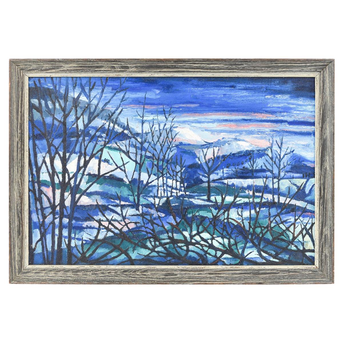 John Crockett, Modernist "Snowy Evening" Oil on Masonite Landscape, 1959 For Sale