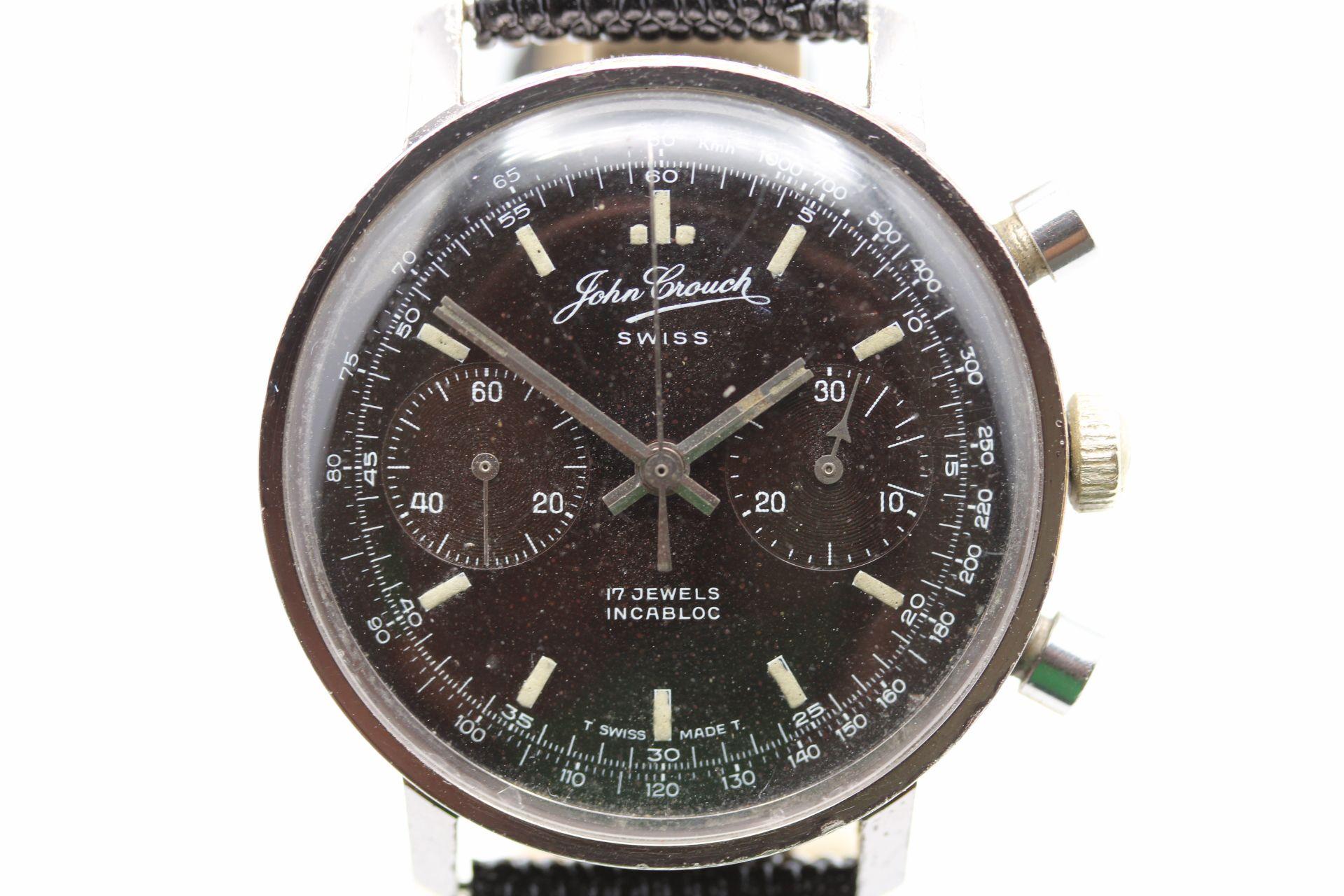 Not much is known about John Crouch, a boutique Swiss Watch manufacture this maybe one of only one advertised but that shouldn't take away from the watch. The manual wind movement powered by a respected 248 Landeron Movement. 

Stainless steel case