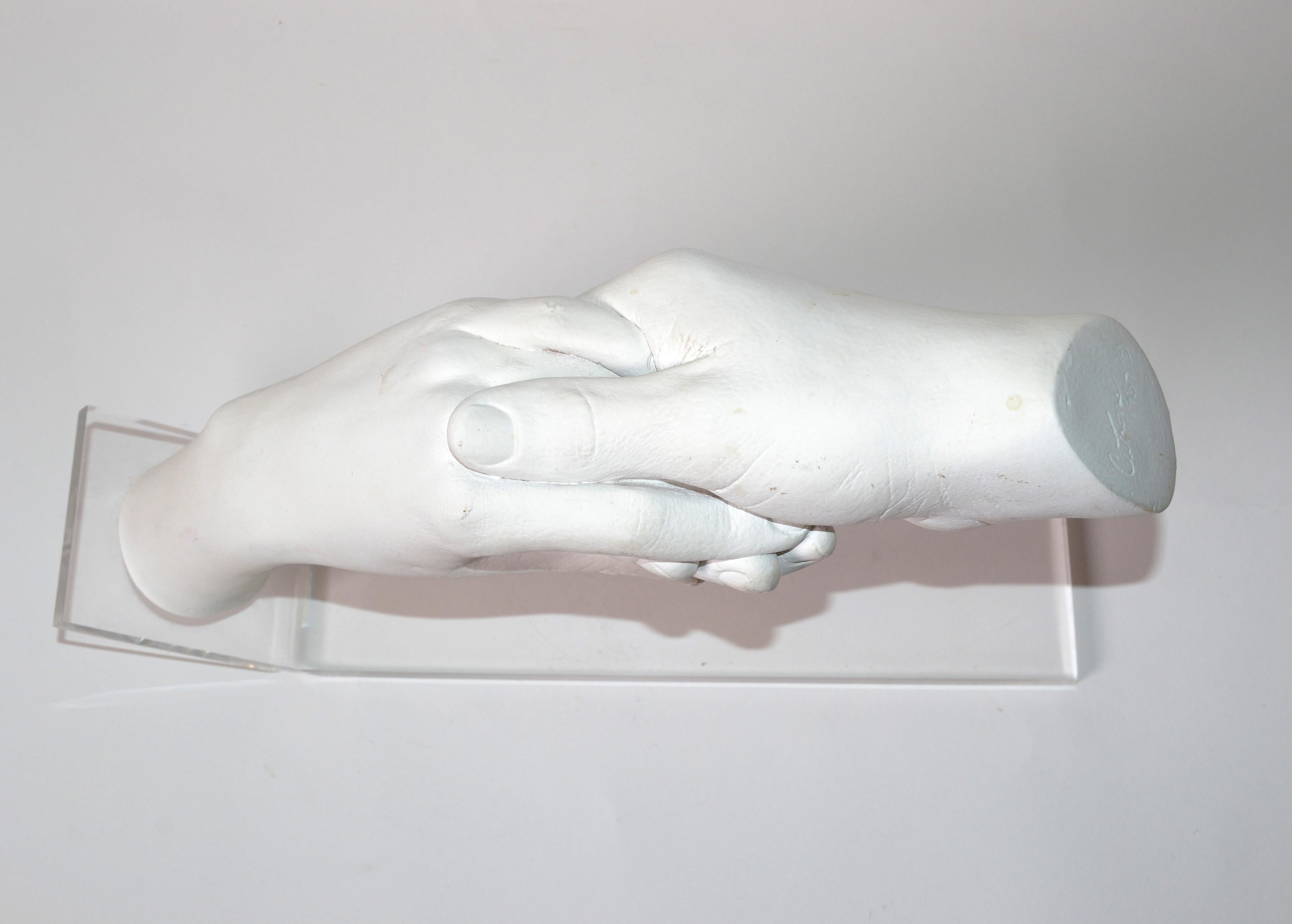 Mid-Century Modern John Cutrone Plaster Sculpture on Lucite Base Couple Holding Hands Austin Prod