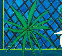 20th Century oil painting of white doves on a blue and green background