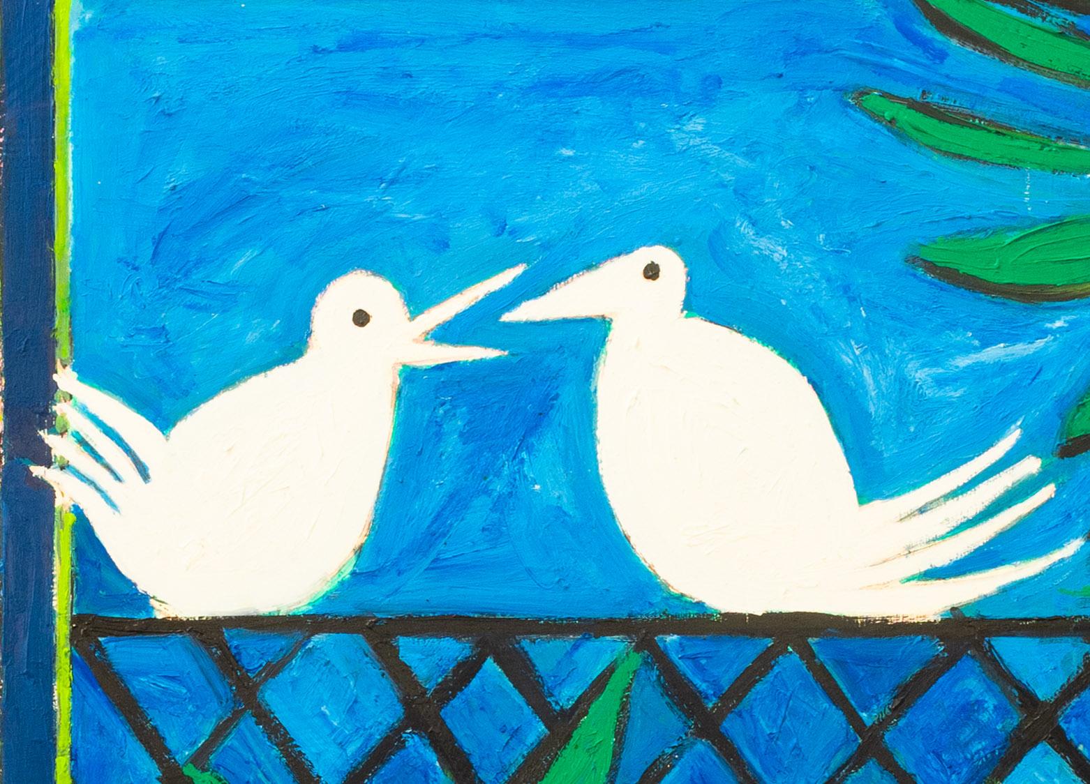 Peinture  l'huile du XXe sicle reprsentant des colombes blanches sur un fond bleu et vert - Moderne Painting par John D. Edwards