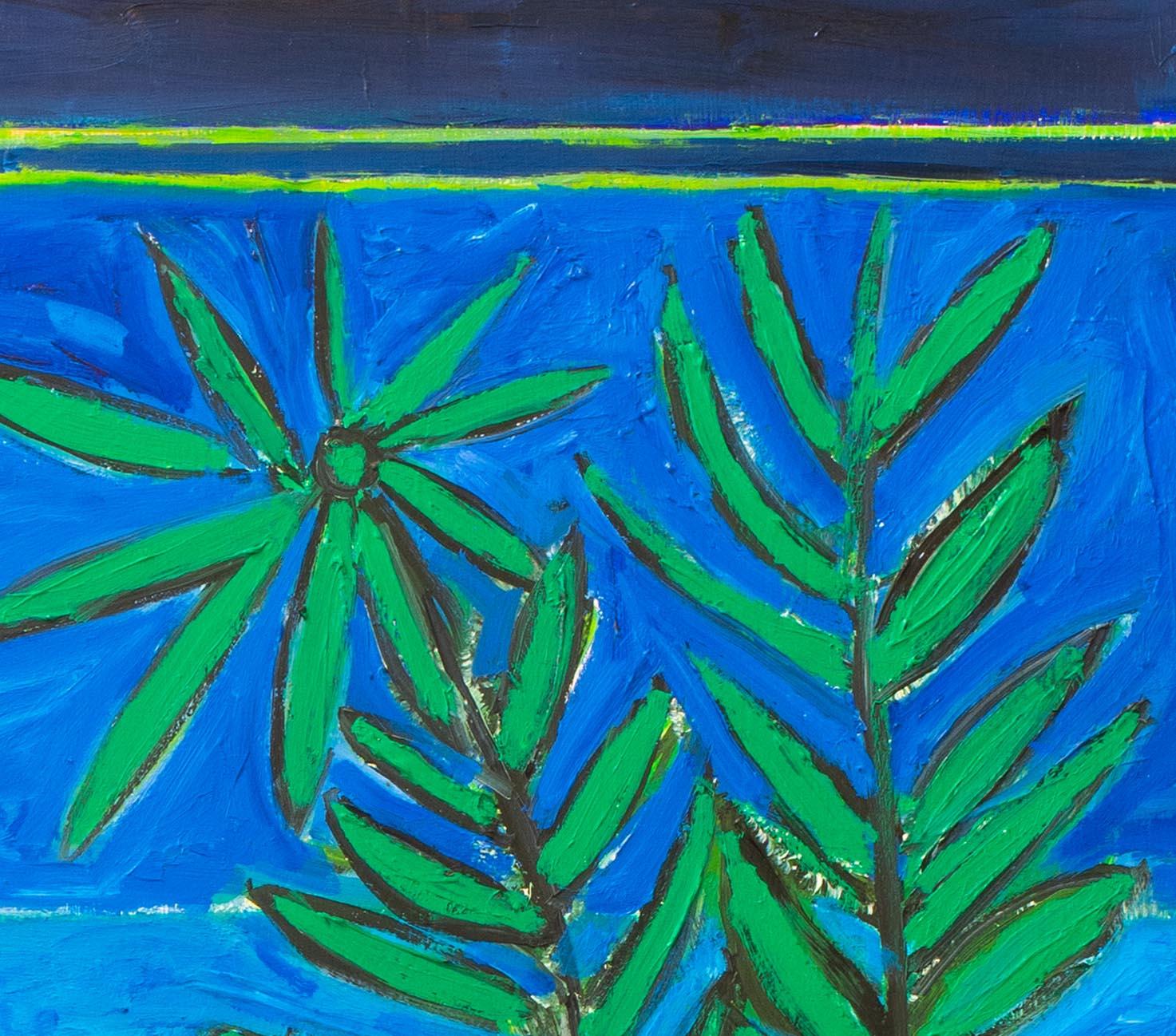 Peinture  l'huile du XXe sicle reprsentant des colombes blanches sur un fond bleu et vert 1