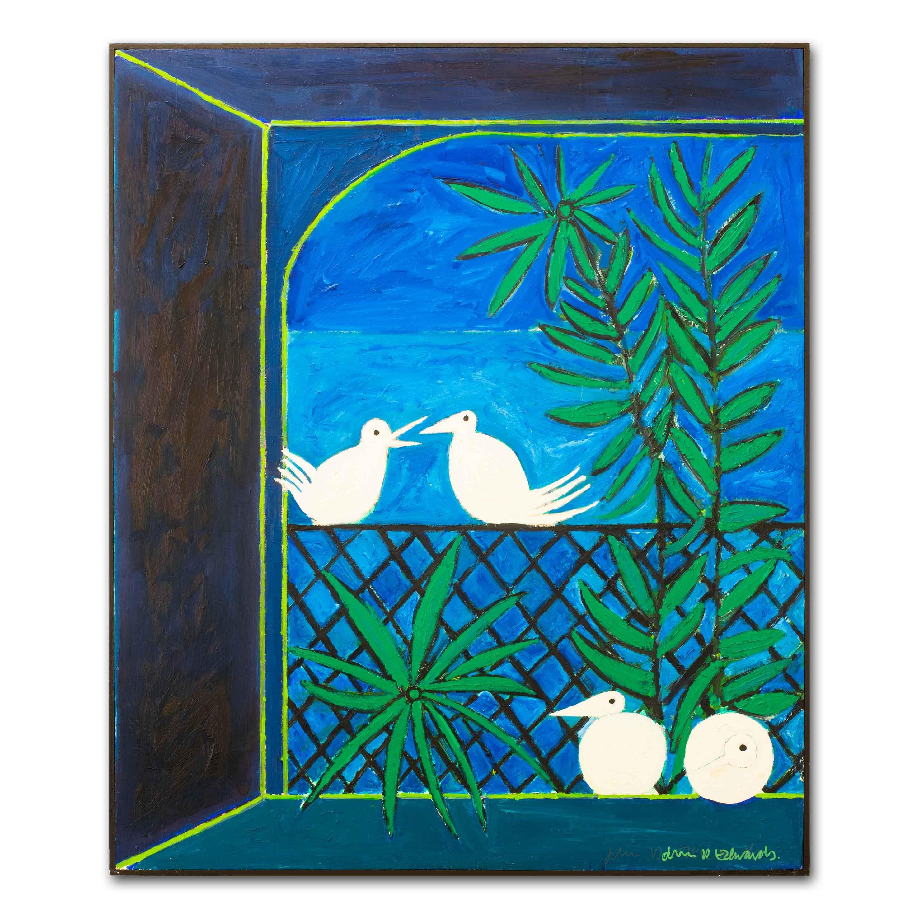 Peinture  l'huile du XXe sicle reprsentant des colombes blanches sur un fond bleu et vert 2