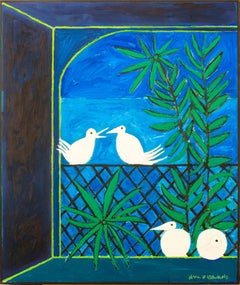 Vintage 20th Century oil painting of white doves on a blue and green background