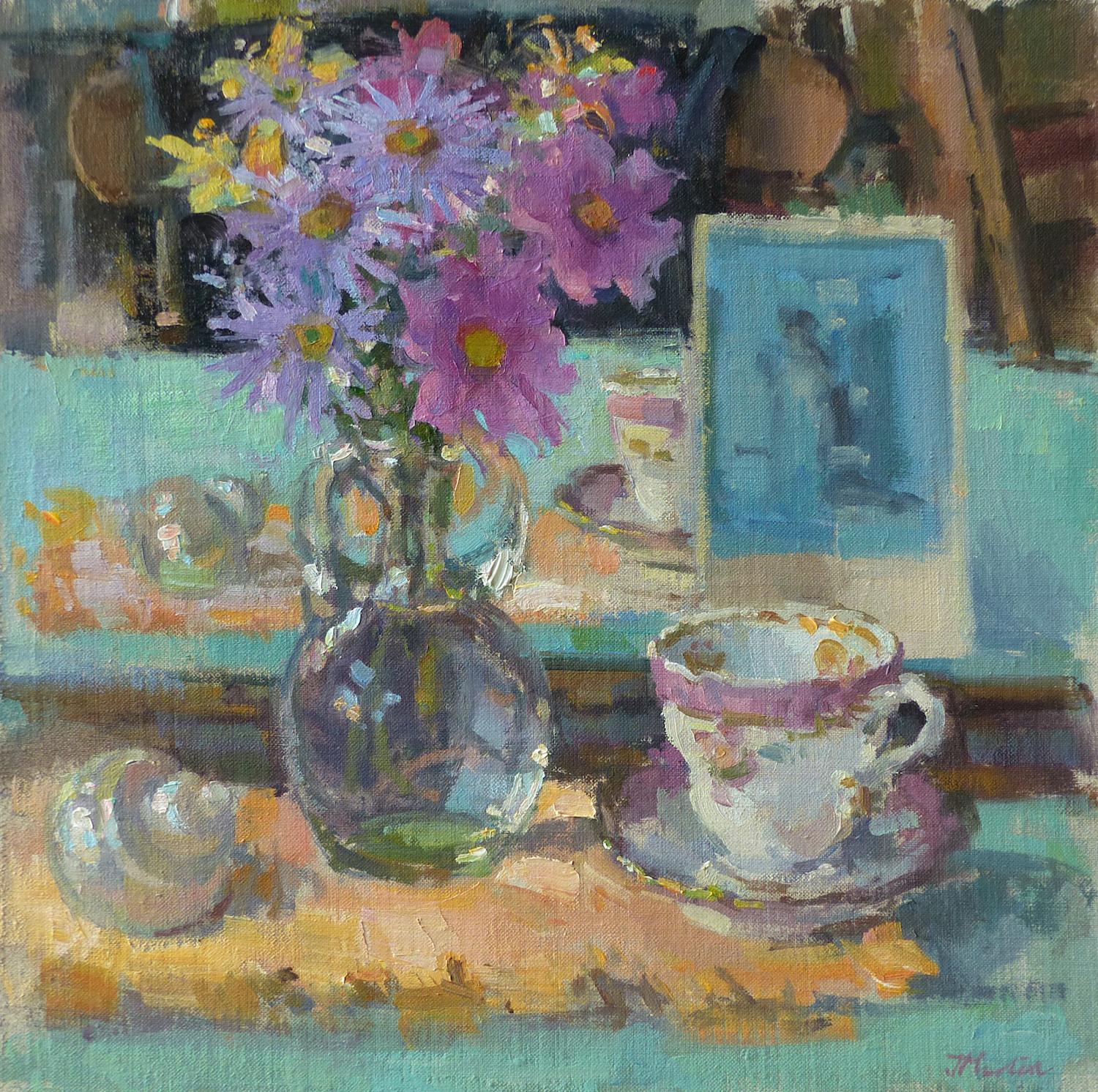 John D Martin RBA Interior Painting - Autumn Flowers - impressionist still life artwork oil painting modern flowers