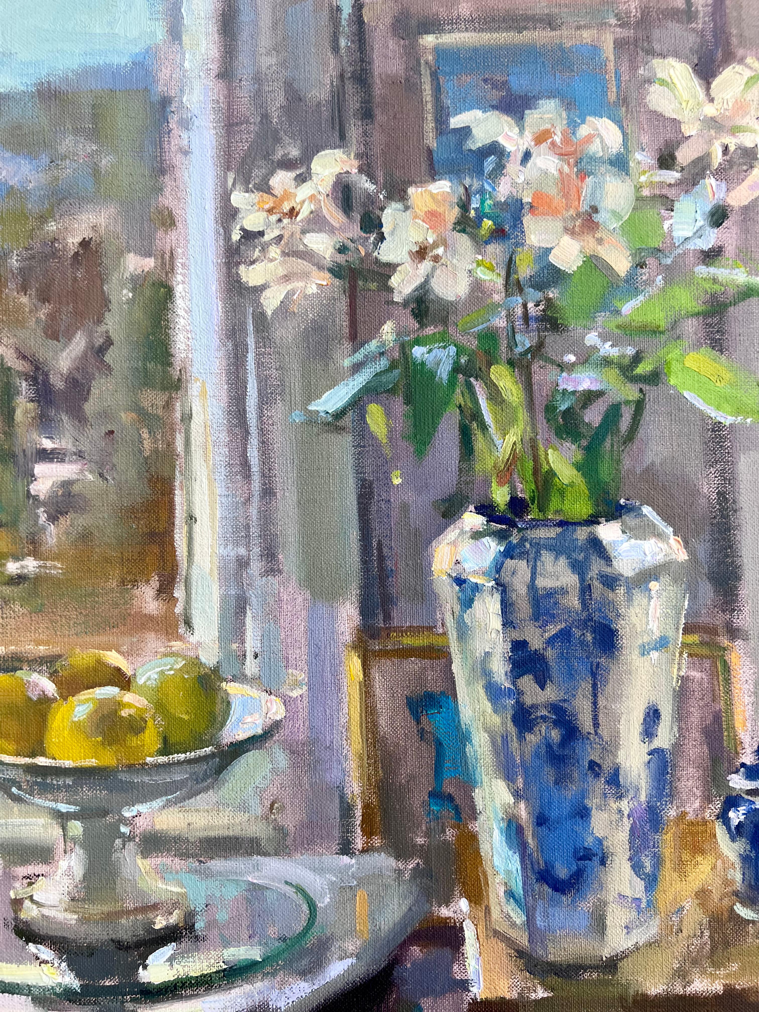 Autumn Studio- original impressionist floral painting- contemporary art - Gray Landscape Painting by John D Martin RBA