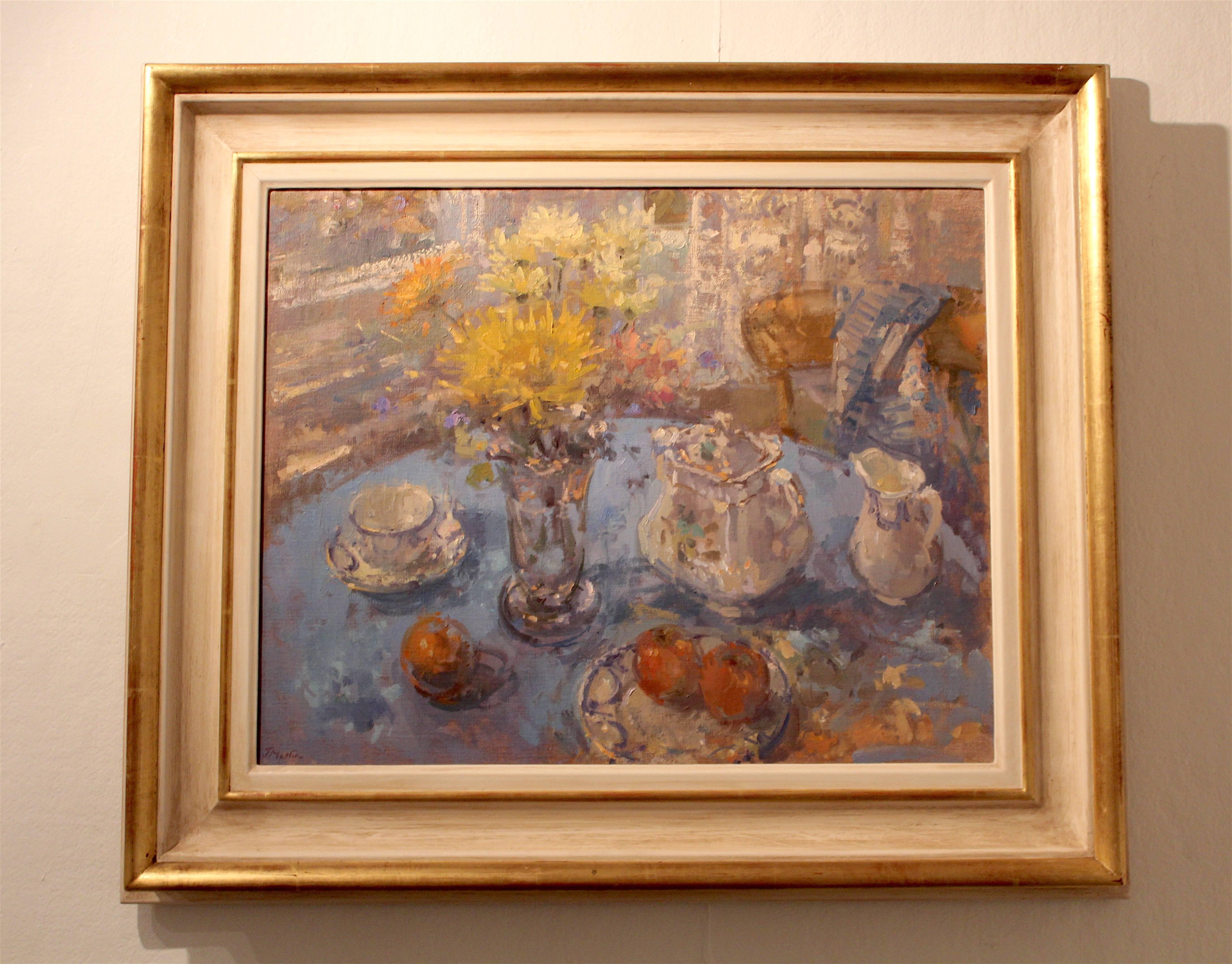 Blue Still Life - floral interior painting artwork modern original impressionism - Painting by John D Martin RBA