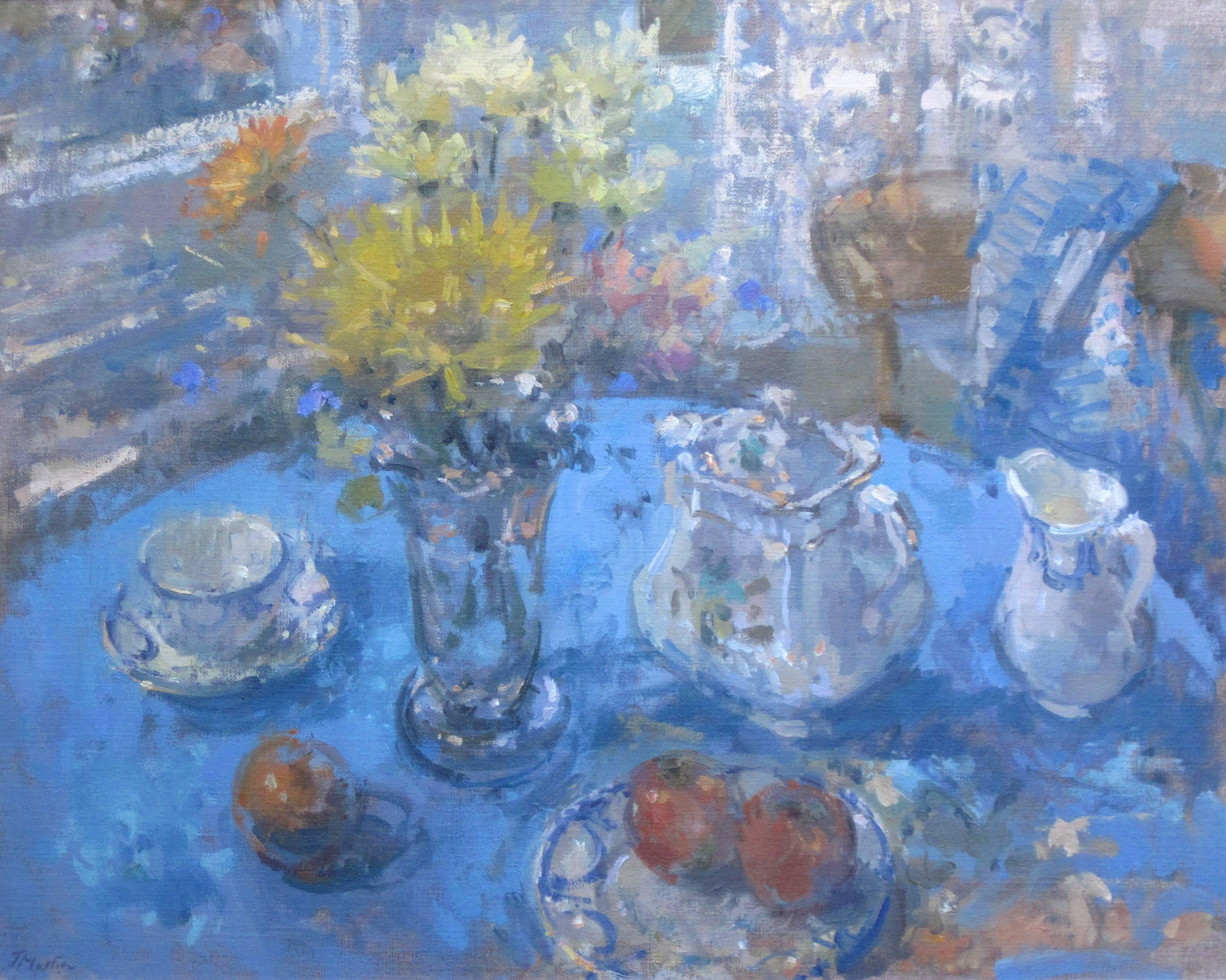 John D Martin RBA Abstract Painting - Blue Still Life - floral interior painting artwork modern original impressionism