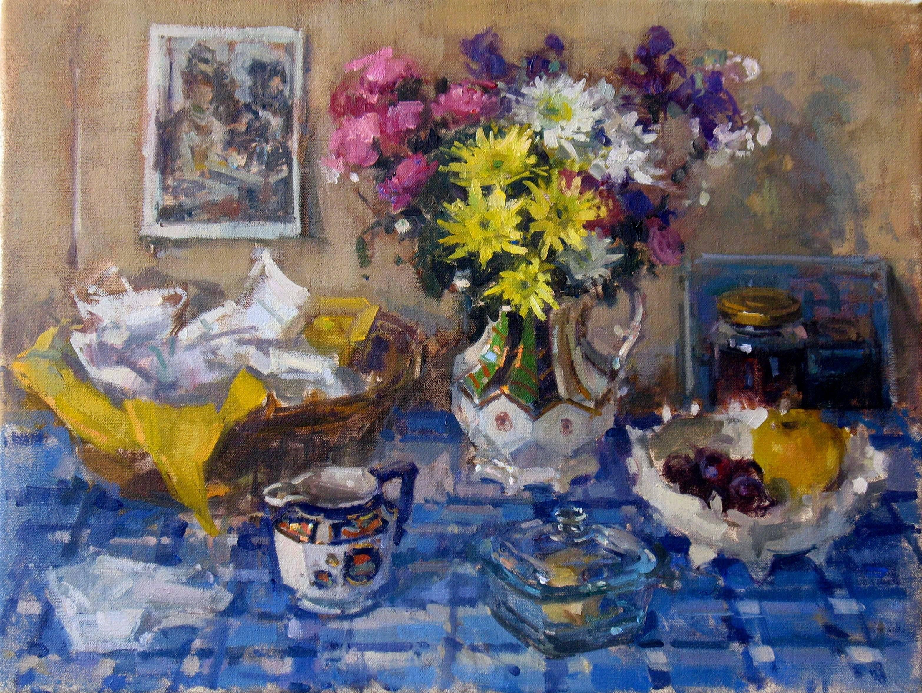 John D Martin RBA Landscape Painting - Breakfast Table with Flowers - still life food oil artwork contemporary modern 