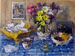 Breakfast Table with Flowers - still life food oil artwork contemporary modern 