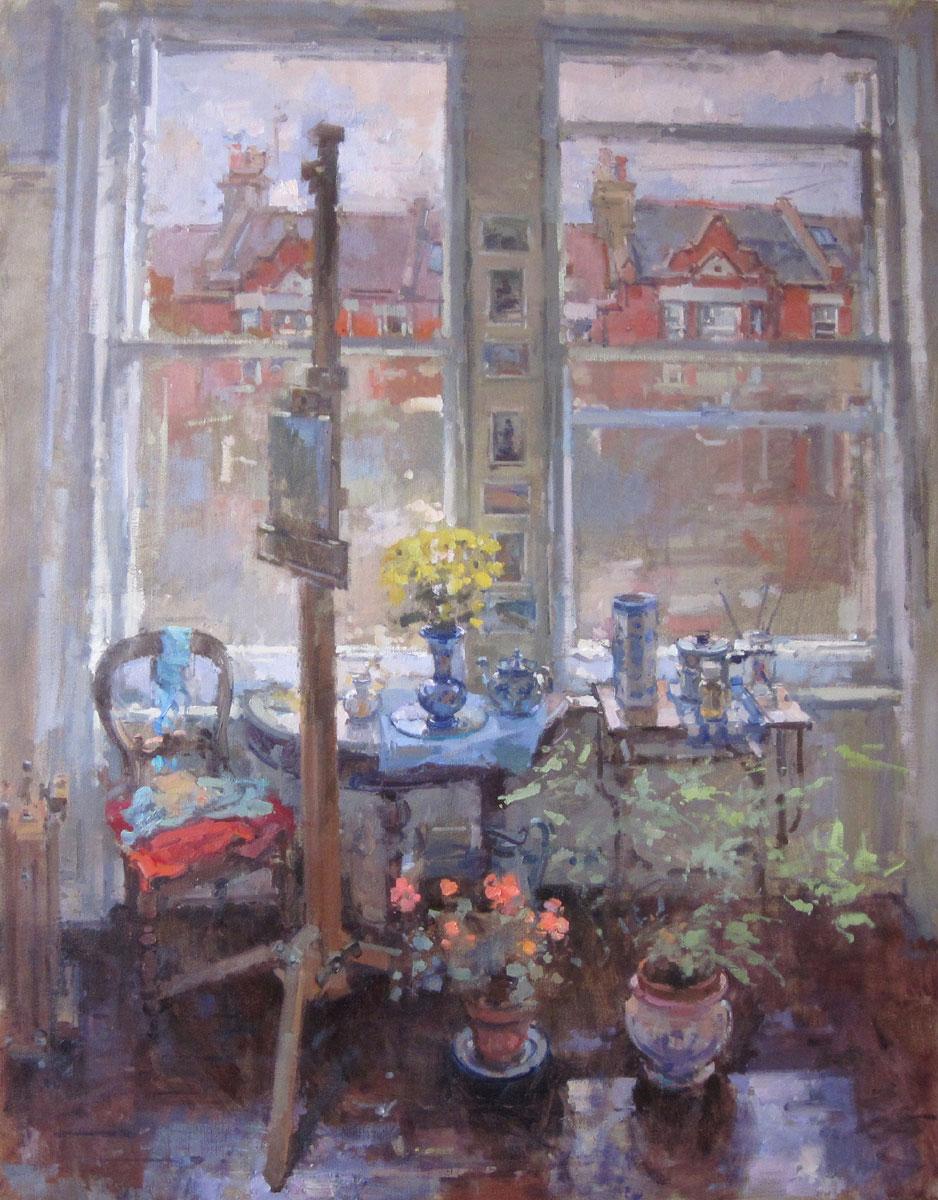 Brighton Studio - impressionism realist oil artwork modern interior still life - Painting by John D Martin RBA