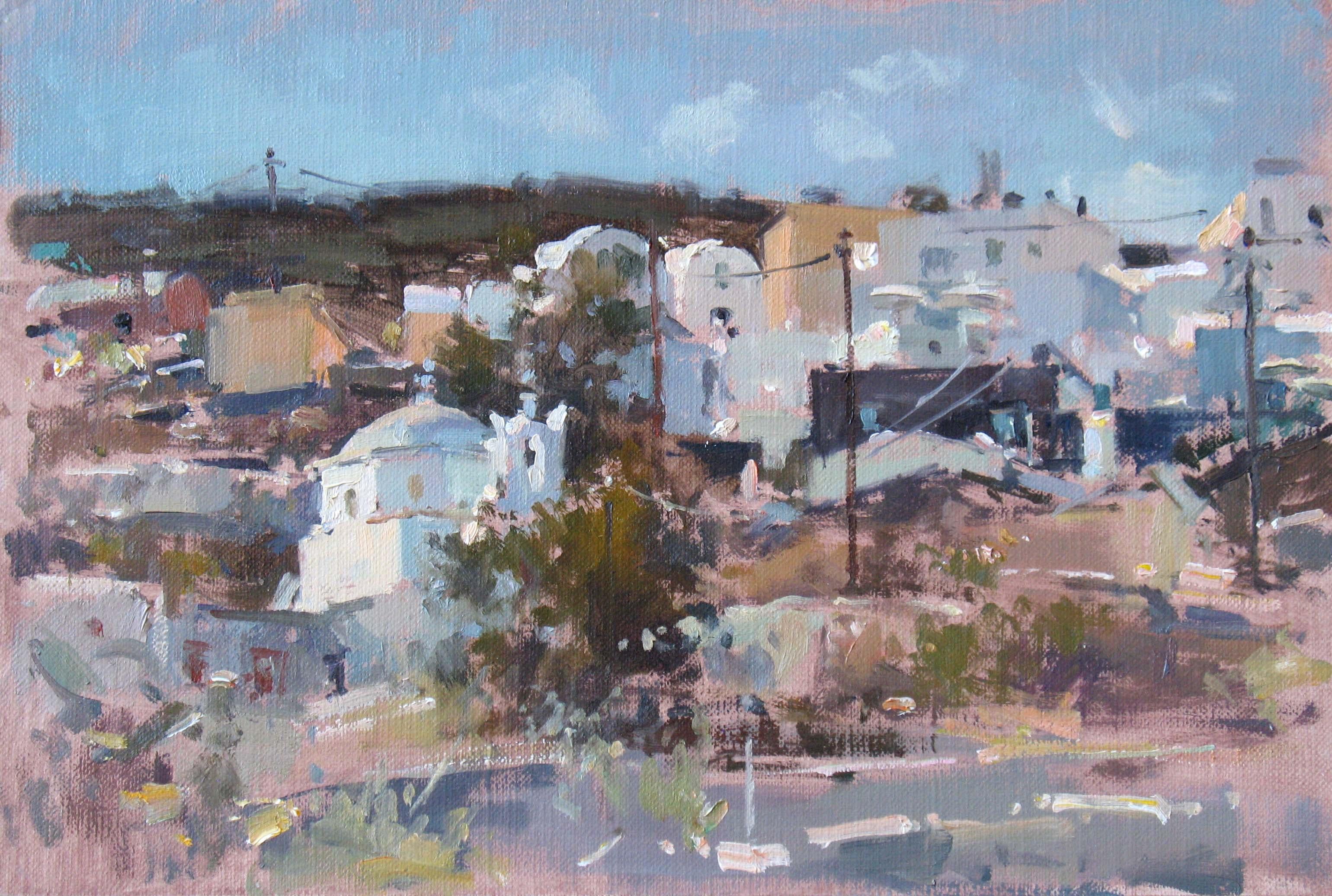 Finikia Morning Santorini - landscape coastal oil painting artwork impressionist - Painting by John D Martin RBA