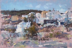 Finikia Morning Santorini - peinture à l'huile d'un paysage côtier impressionniste