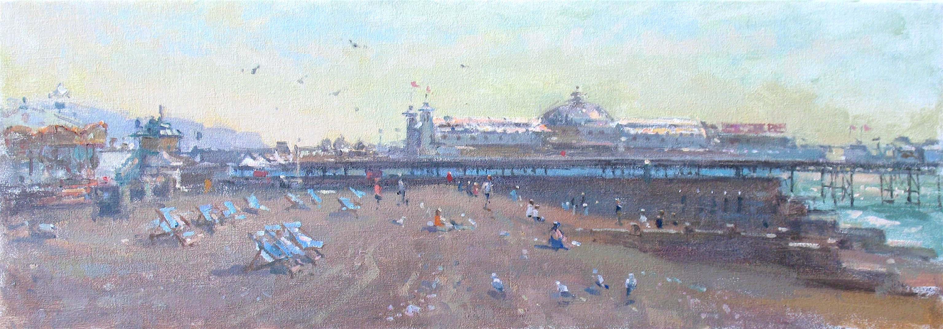 John D Martin RBA Landscape Painting - First Deckchairs Palace Pier - seascape modern coastal oil paint impressionist