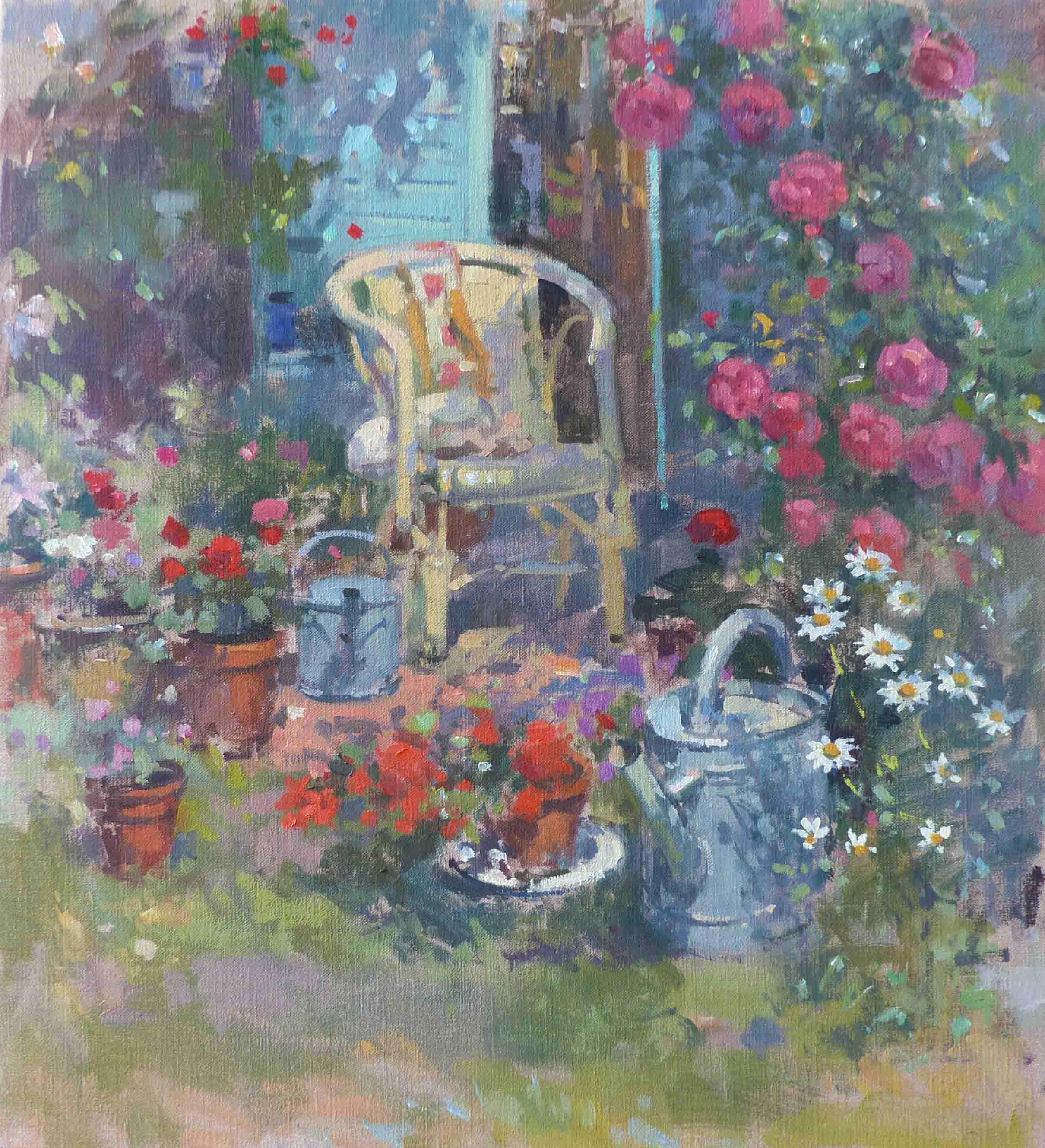John D Martin RBA Abstract Painting - Gardeners' Corner - original floral impressionist oil painting- modern art