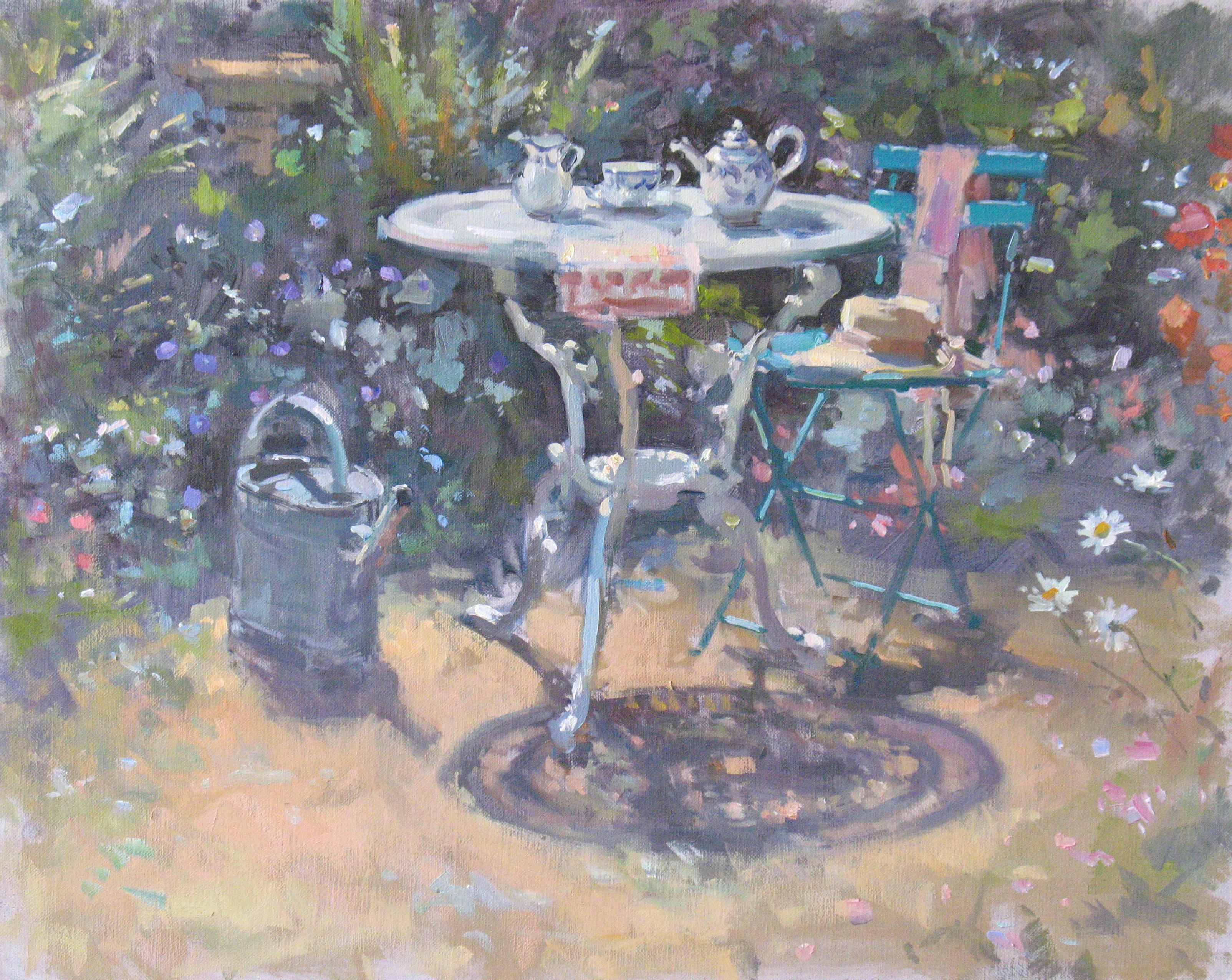 John D Martin RBA Abstract Painting - High Summer - figurative study garden house still life oil artwork impressionism
