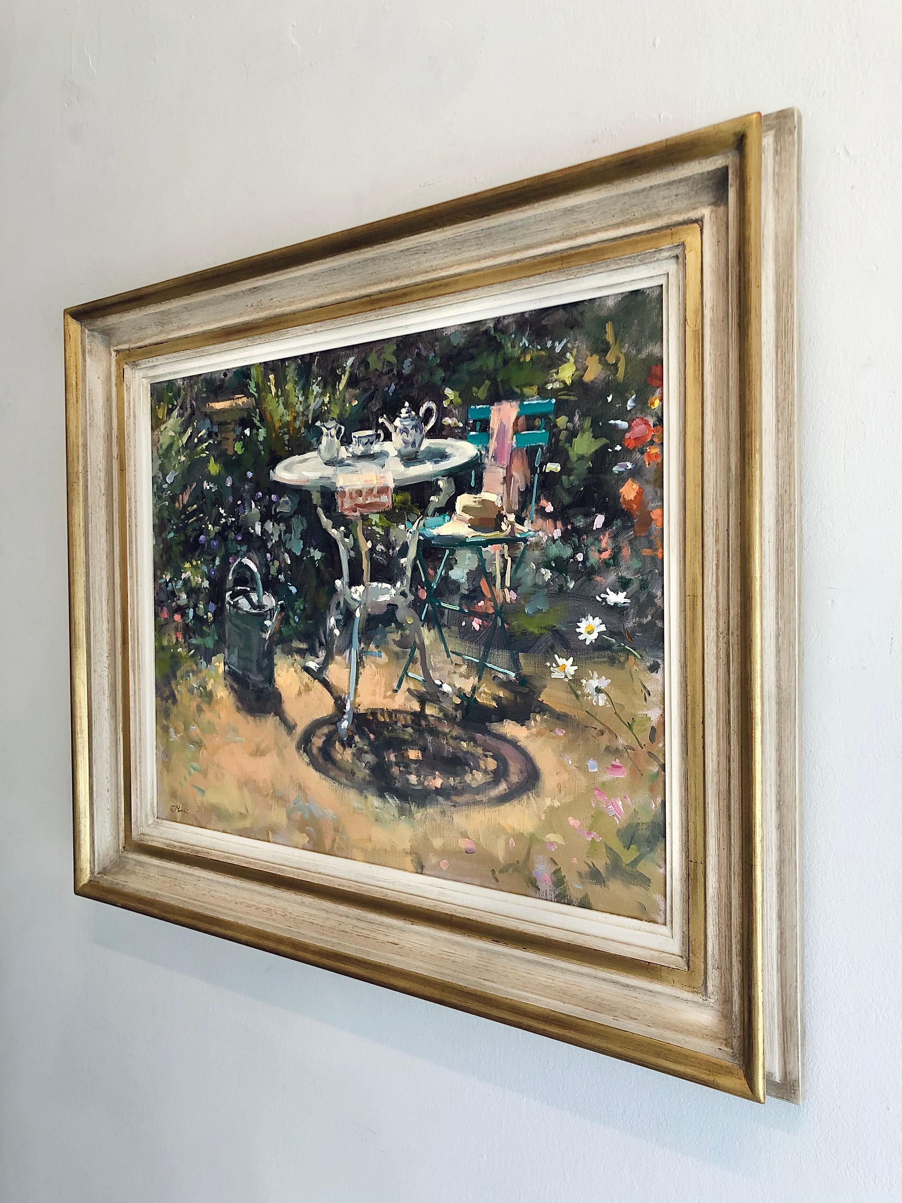 Der zeitgenössische Maler John D. Martin zeigt in klassisch englischem impressionistischem Stil eine erhabene Gartenszene im Freien, die in der fröhlichen Jahreszeit des Frühlings angesiedelt ist. Die Künstlerin verwendet eine weiche, verschwommene