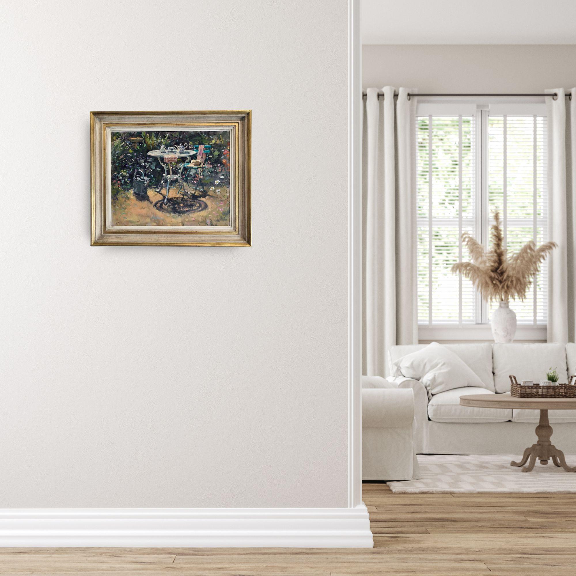 High Summer -  garden Original still life oil painting artwork impressionism - Gray Abstract Painting by John D Martin RBA