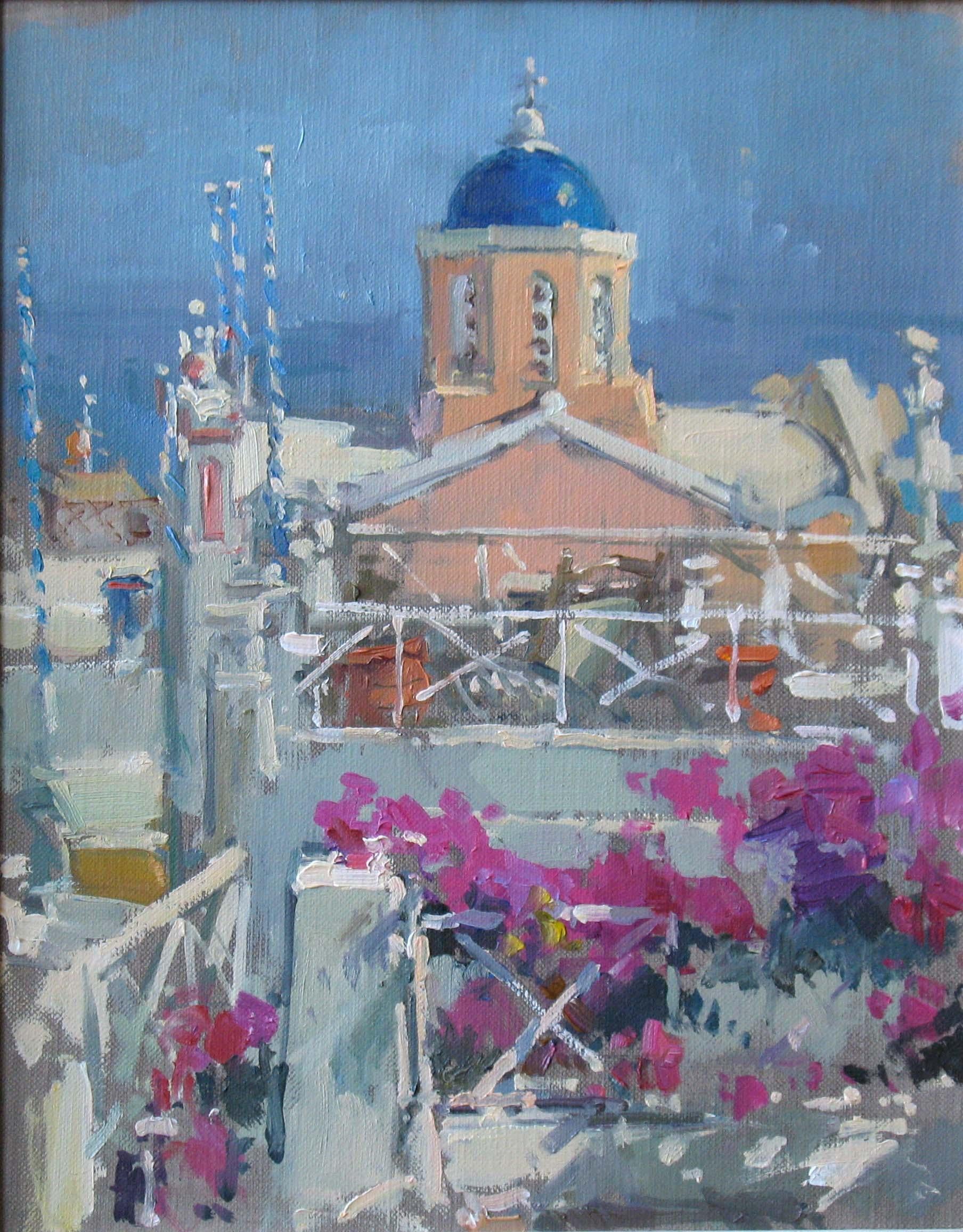 John D Martin RBA Still-Life Painting - Oia Santorini - Cityscape Landscape Contemporary Impressionist oil painting art