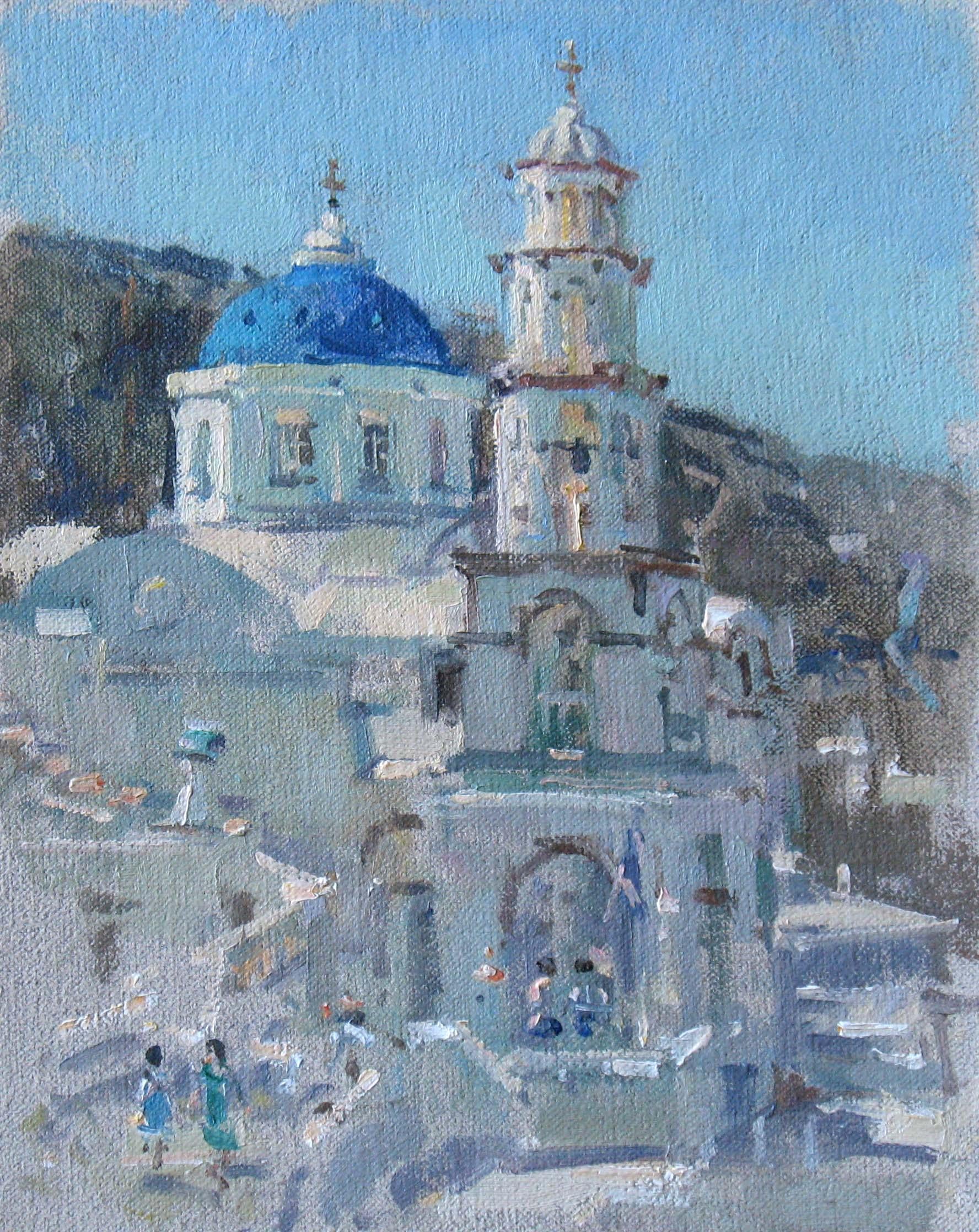 John D Martin RBA Landscape Painting – Pyrgos Santorini - Griechische Landschaft Ölgemälde moderner Impressionismus