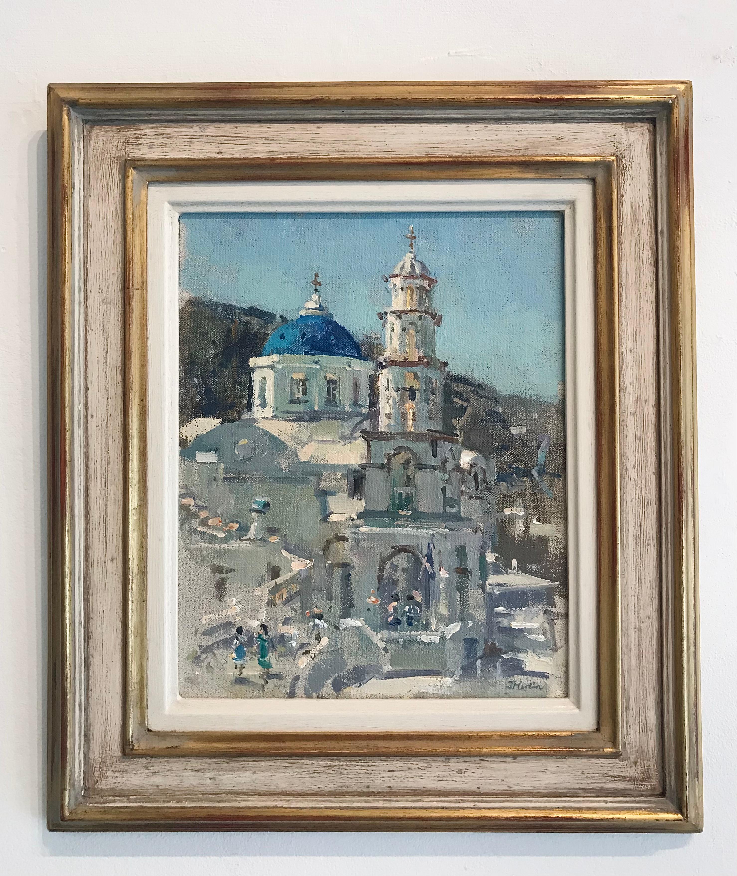 Pyrgos Santorini - Peinture à l'huile grecque impressionniste moderne RBA - Painting de John D Martin RBA