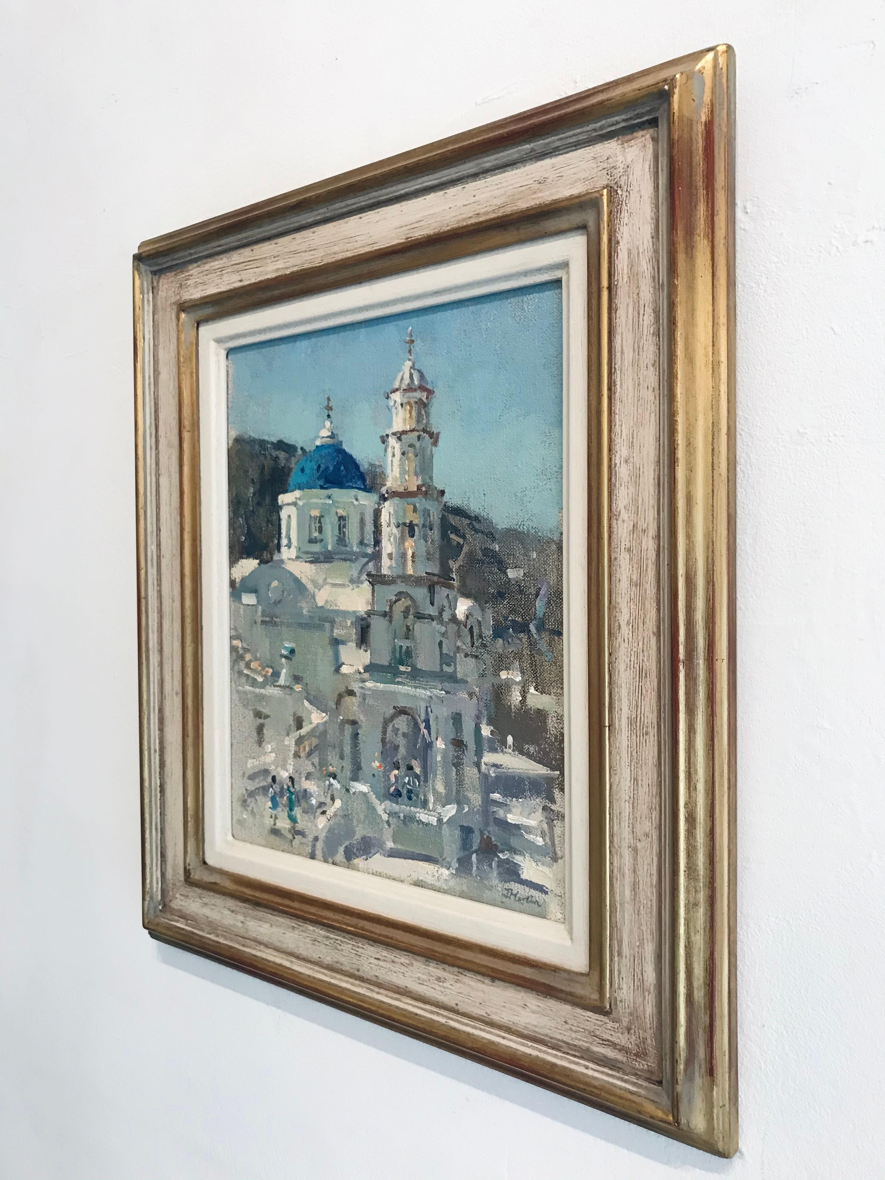Pyrgos Santorini - Peinture à l'huile grecque impressionniste moderne RBA - Impressionnisme Painting par John D Martin RBA