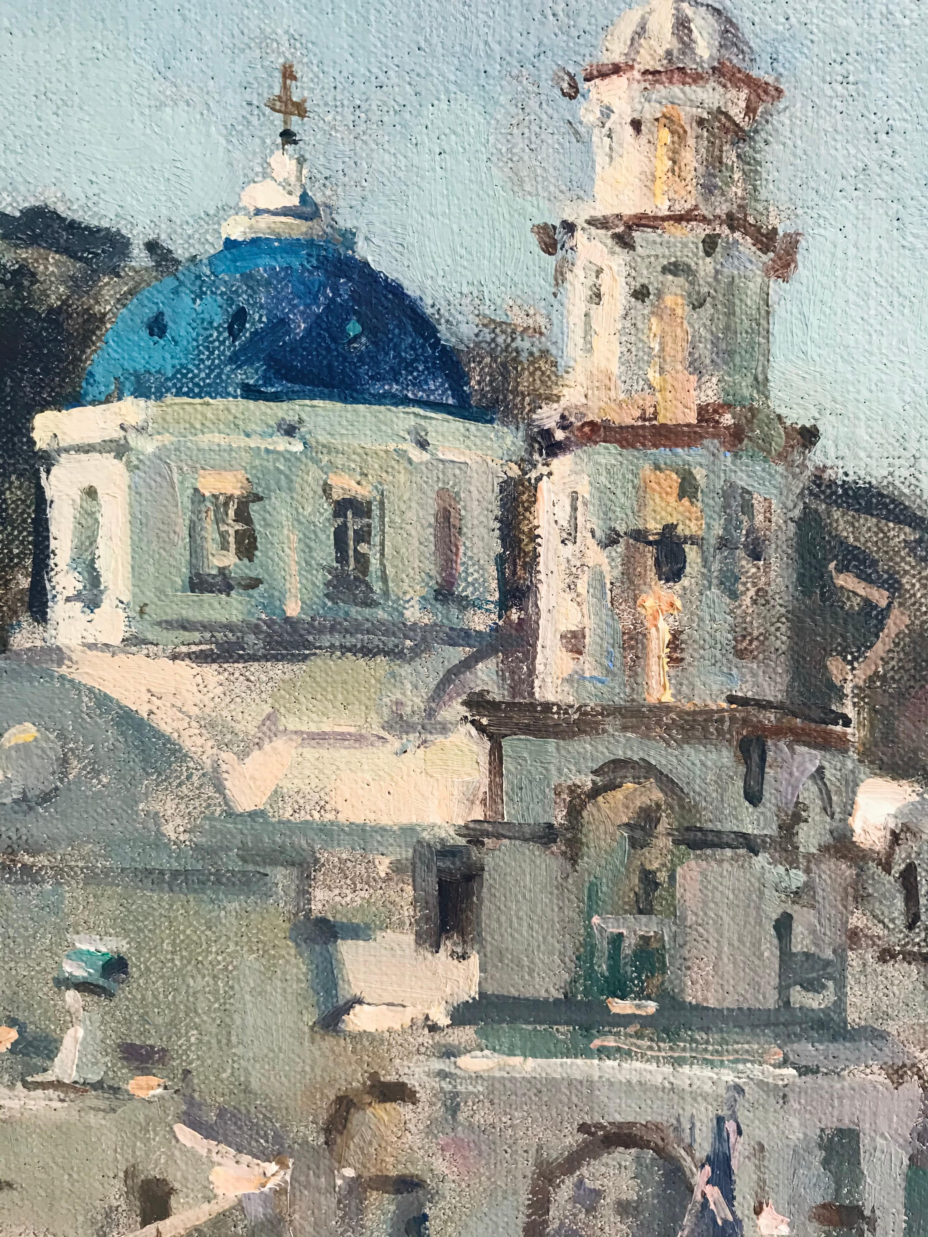 Pyrgos Santorini - Greek landscape oil painting modern impressionism RBA - Blue Landscape Painting by John D Martin RBA