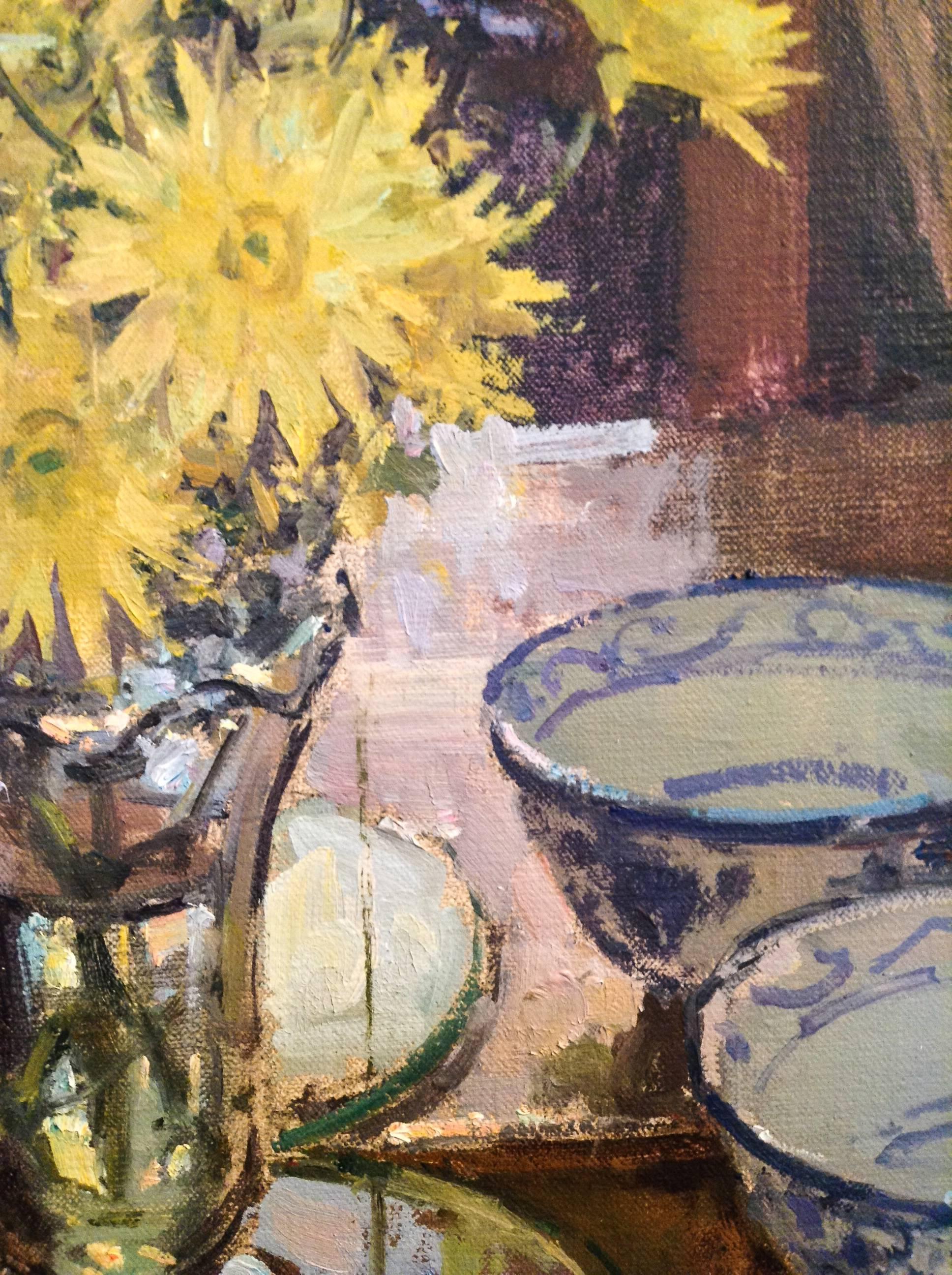 Studio A avec des Fleurs - peinture à l'huile originale moderne impasto impressionniste - Painting de John D Martin RBA