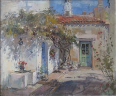 Summer Courtyard - British landscape figurative oil artwork modern Impressionism