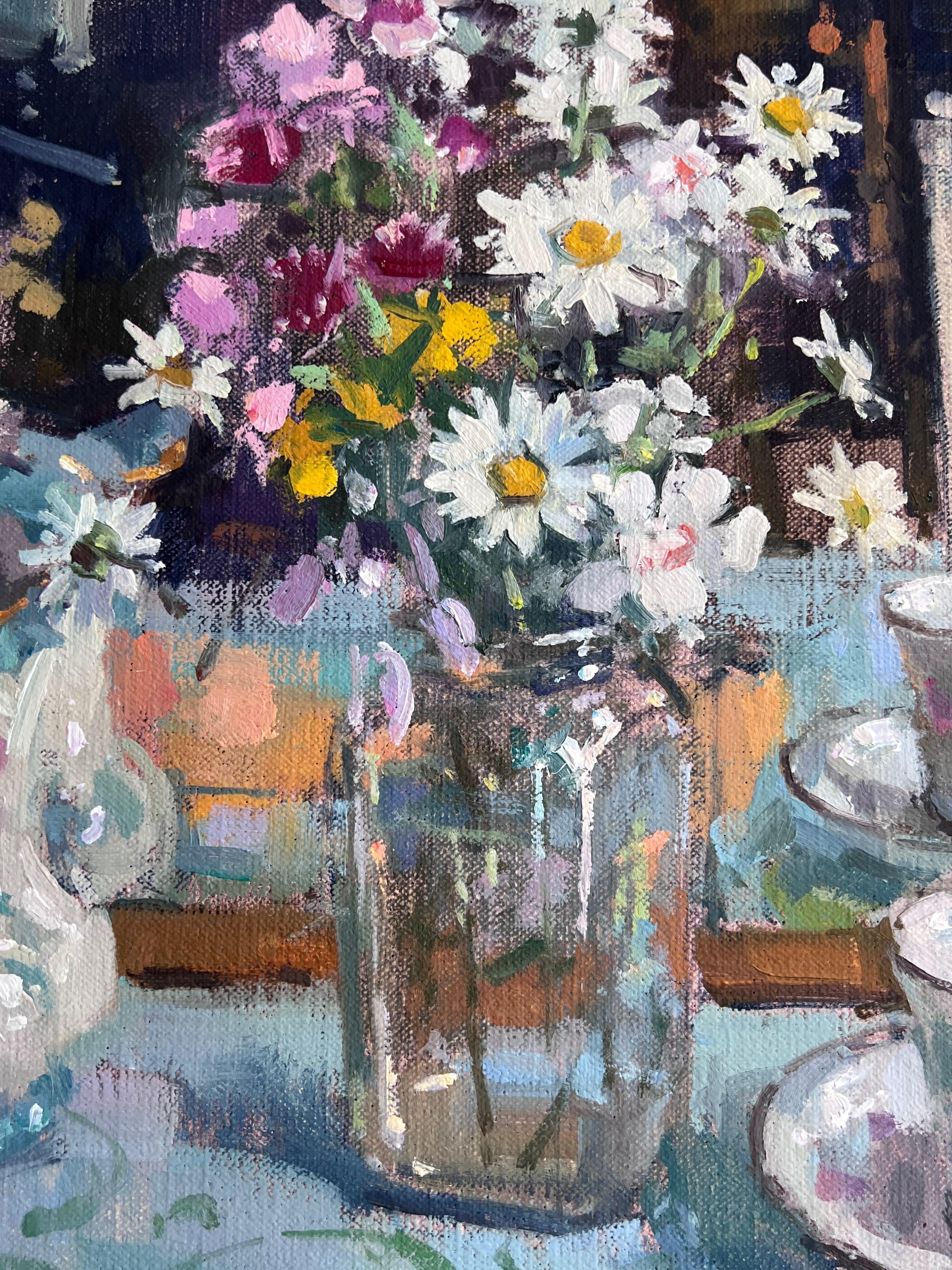 Summer Flowers - original floral impressionist oil painting- contemporary art - Gray Abstract Painting by John D Martin RBA