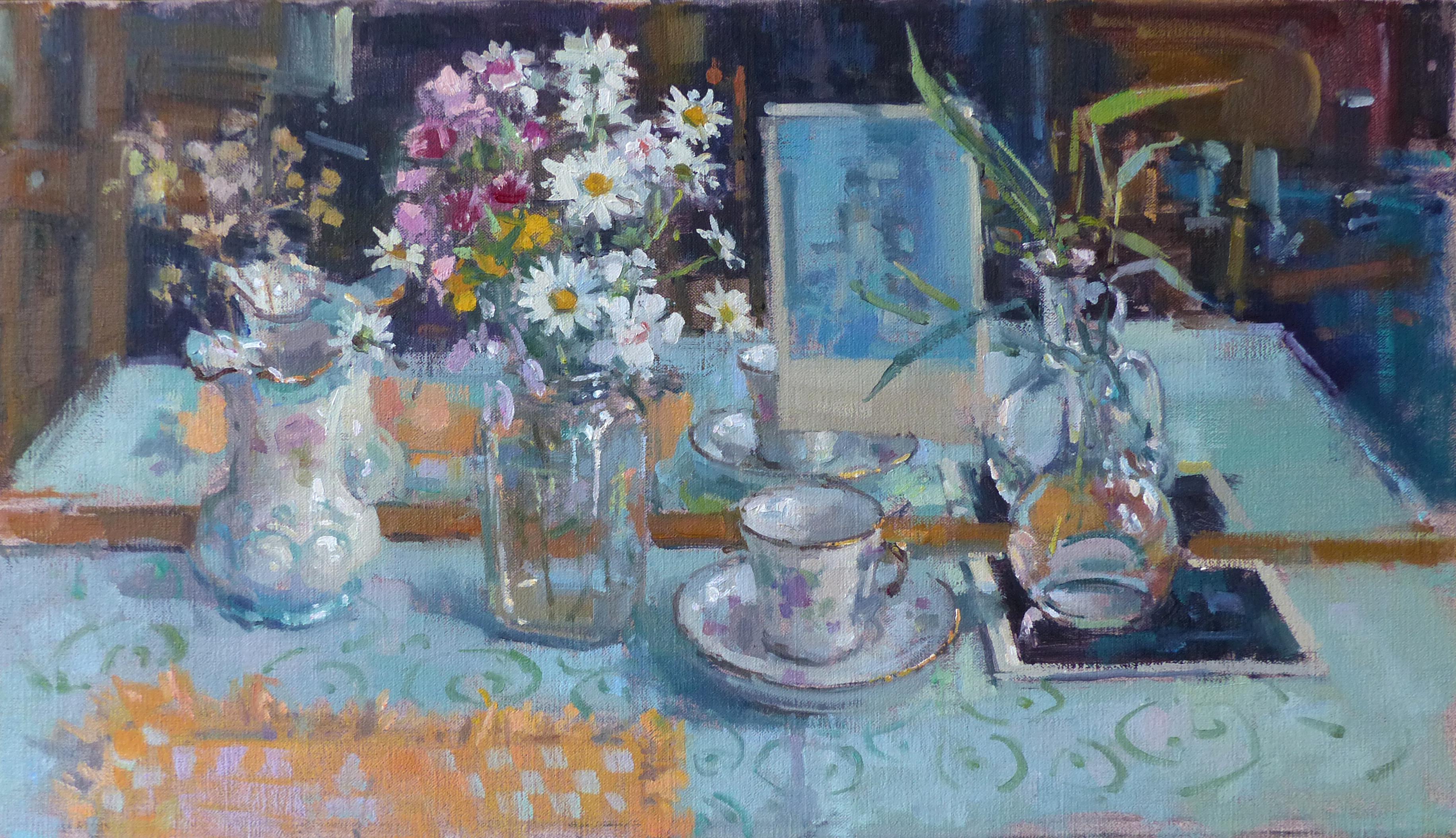 John D Martin RBA Abstract Painting – Sommerblumen - original florales impressionistisches Ölgemälde - zeitgenössische Kunst