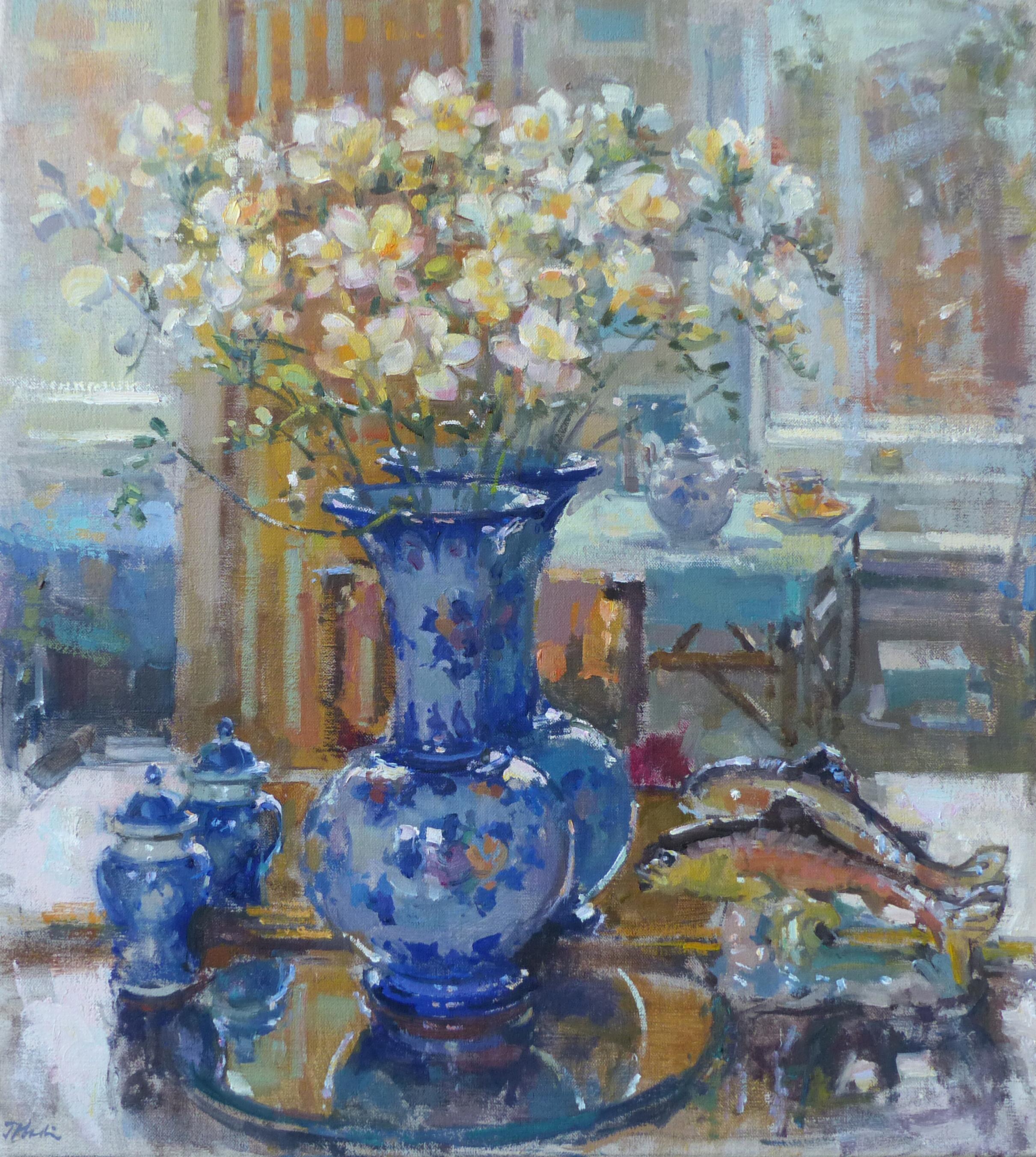 John D Martin RBA Abstract Painting – Portugiesische Vase mit Freishas – originales Blumengemälde, impressionistische Kunst
