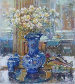Portugiesische Vase mit Freishas – originales Blumengemälde, impressionistische Kunst
