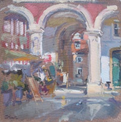 Towards the Fish Market - peinture à l'huile de paysage impressionniste moderne de la rue