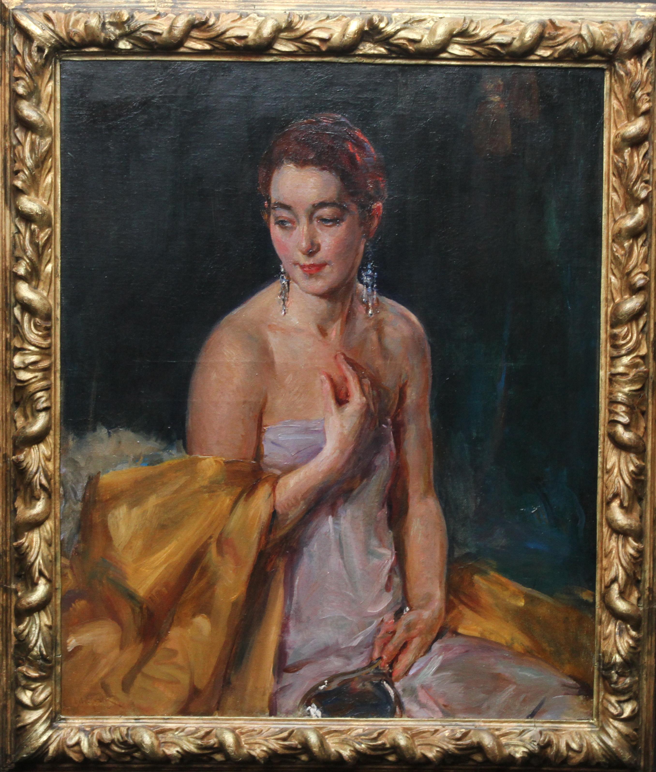 John da Costa  Portrait Painting – Porträt von Christine Bonnar, die Ehefrau des Künstlers, britisches Art déco-Ölgemälde