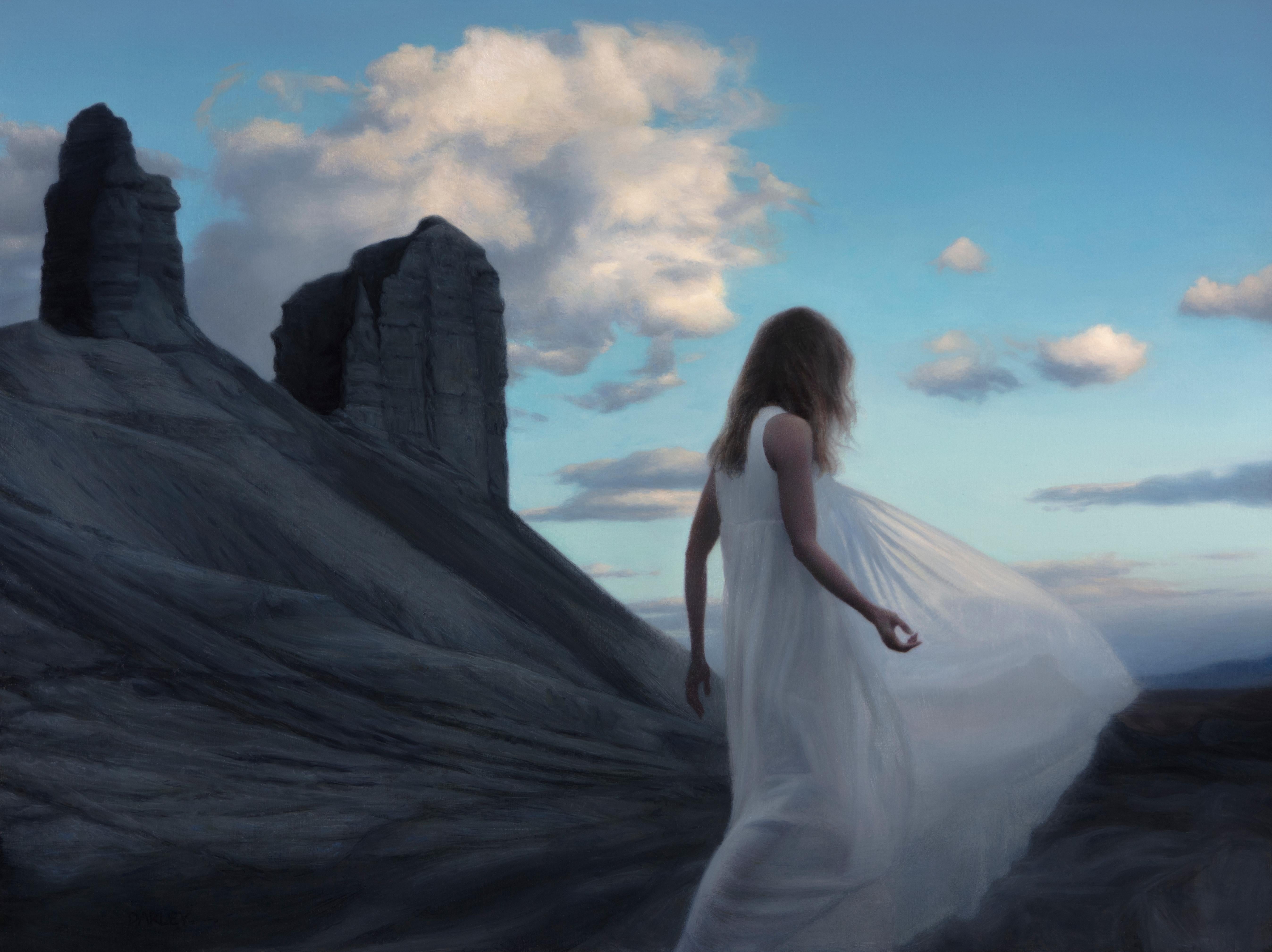 Exquisito paisaje de Utah bellamente pintado con una figura onírica con un ondulante vestido blanco como figura central.  Ejecutado en 2021. Pintura al óleo sobre lino. El estado es excelente. Firmado por el artista.  Galería enmarcada. Procedencia: